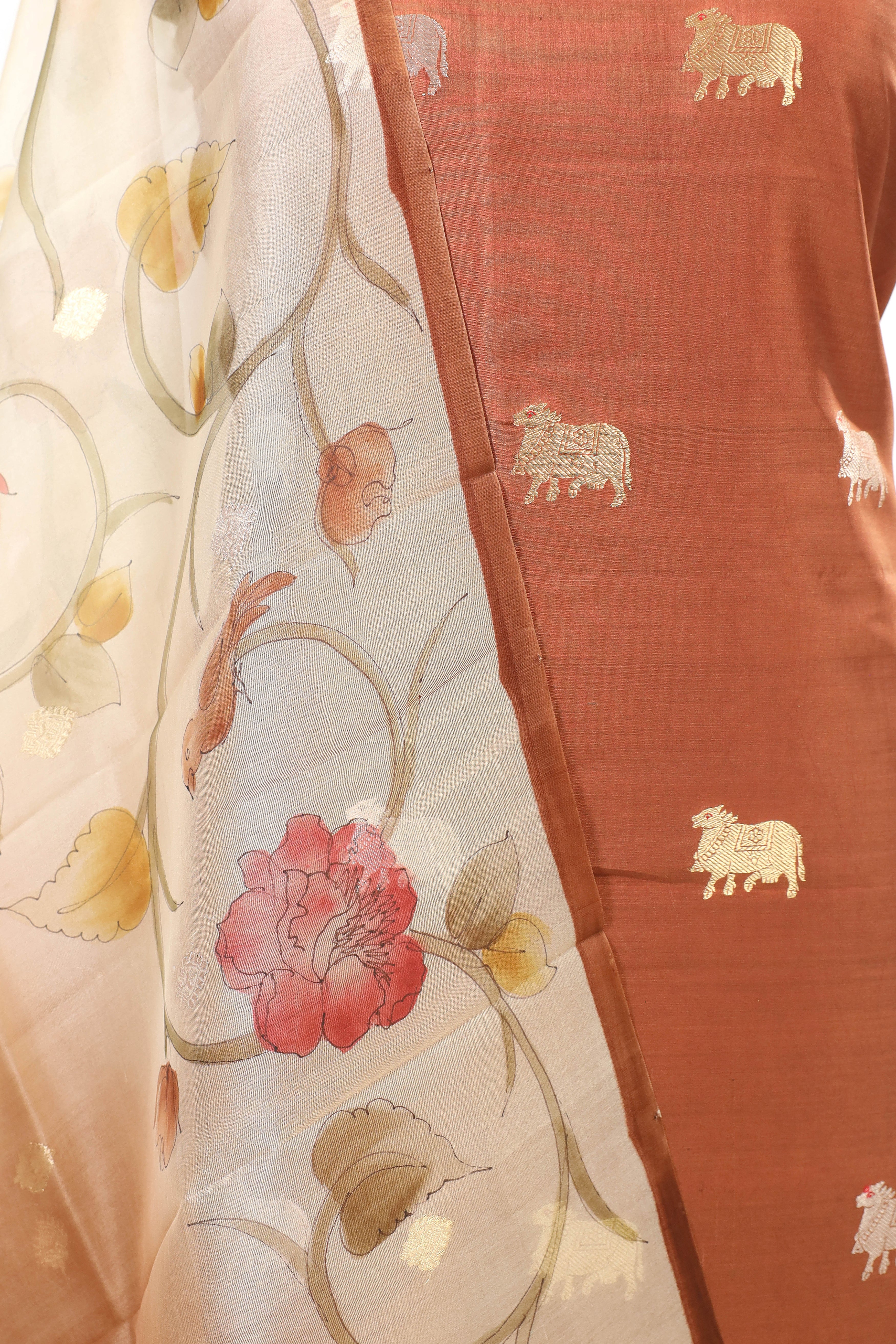 Warm Brown Chiniya Silk Suit Set With Handbrush Organza Dupatta