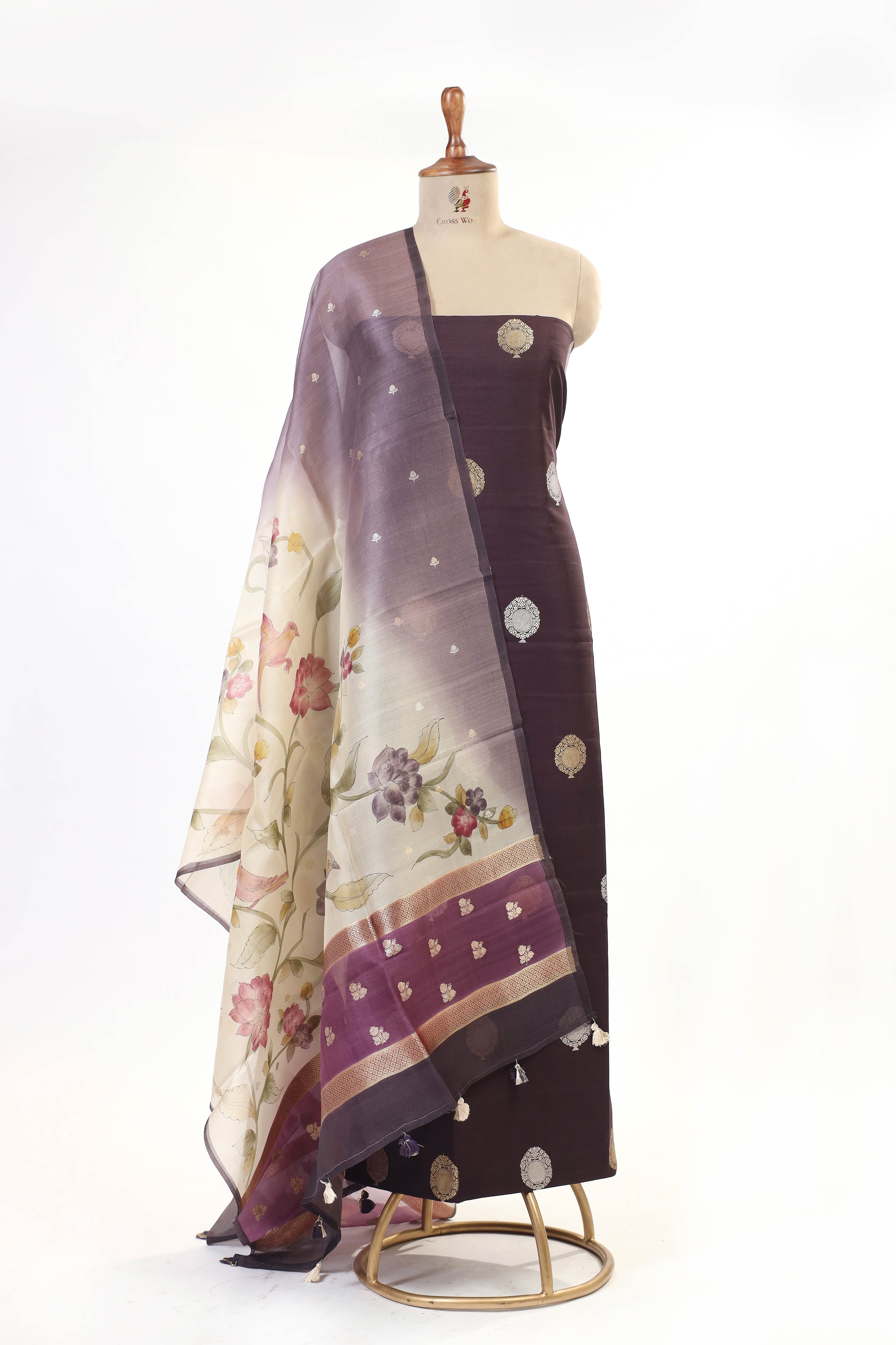 Deep Wine Chiniya Silk Suit Set With Handbrush Organza Dupatta