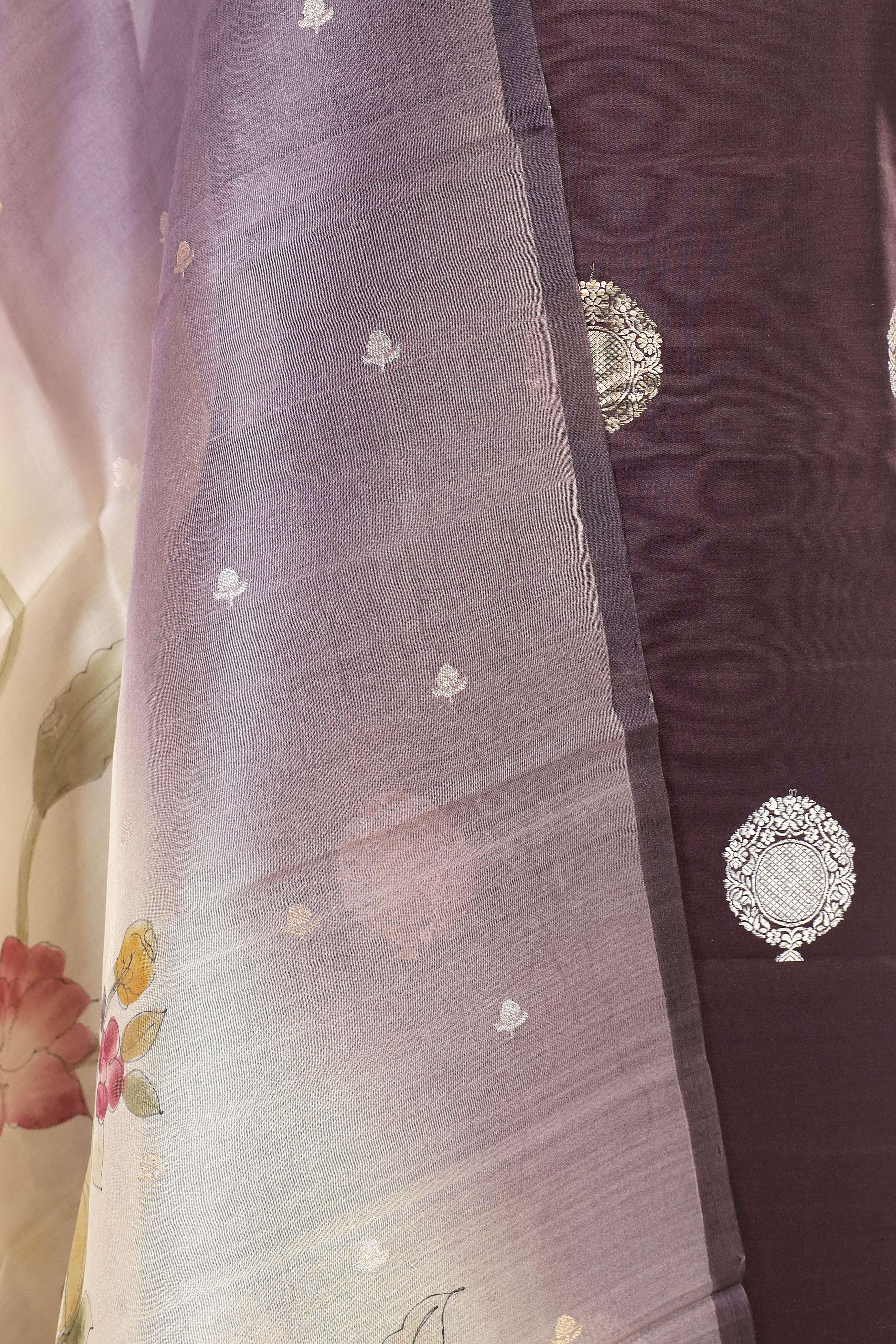 Deep Wine Chiniya Silk Suit Set With Handbrush Organza Dupatta