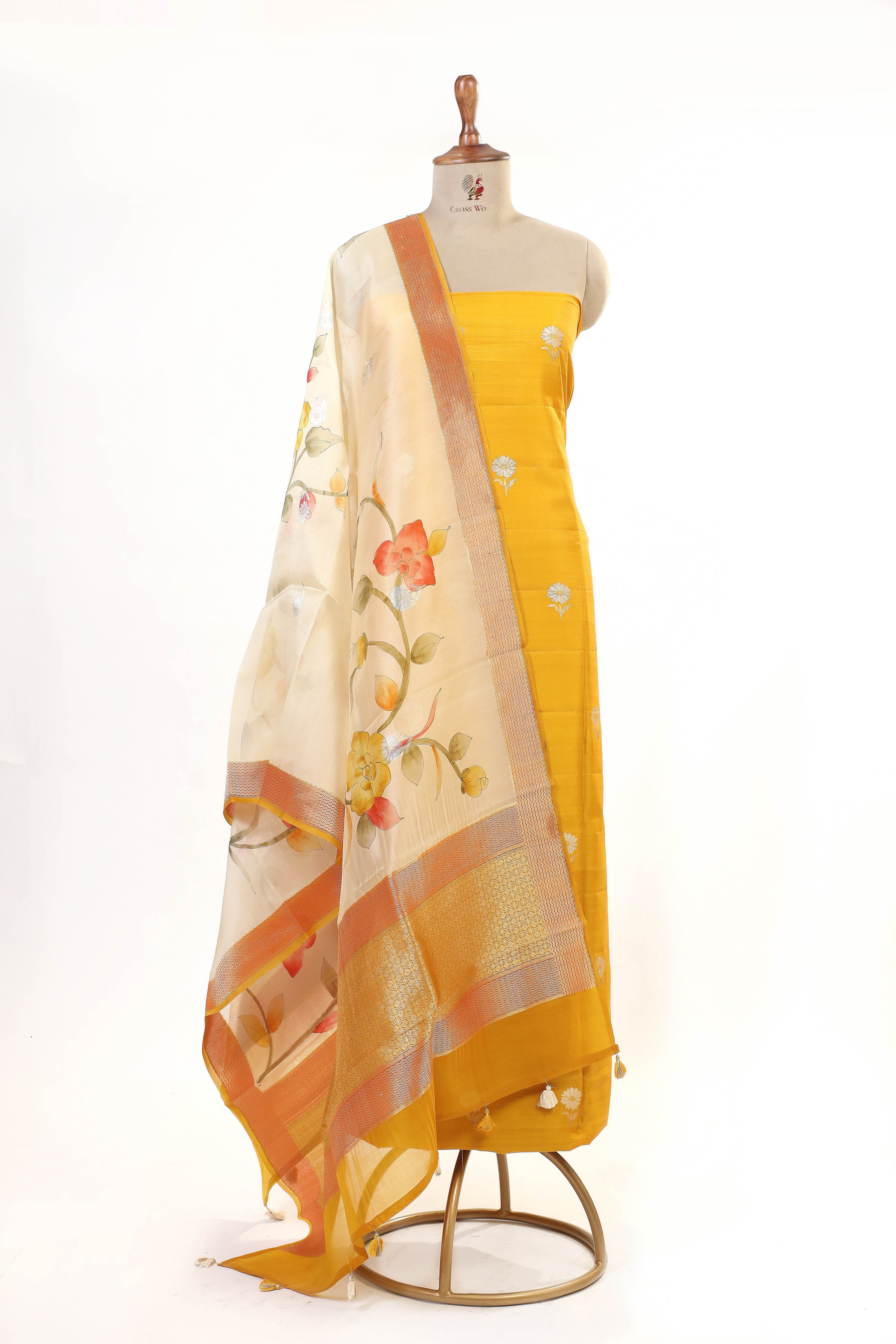 Golden Yellow Chiniya Silk Suit Set With Handbrush Organza Dupatta