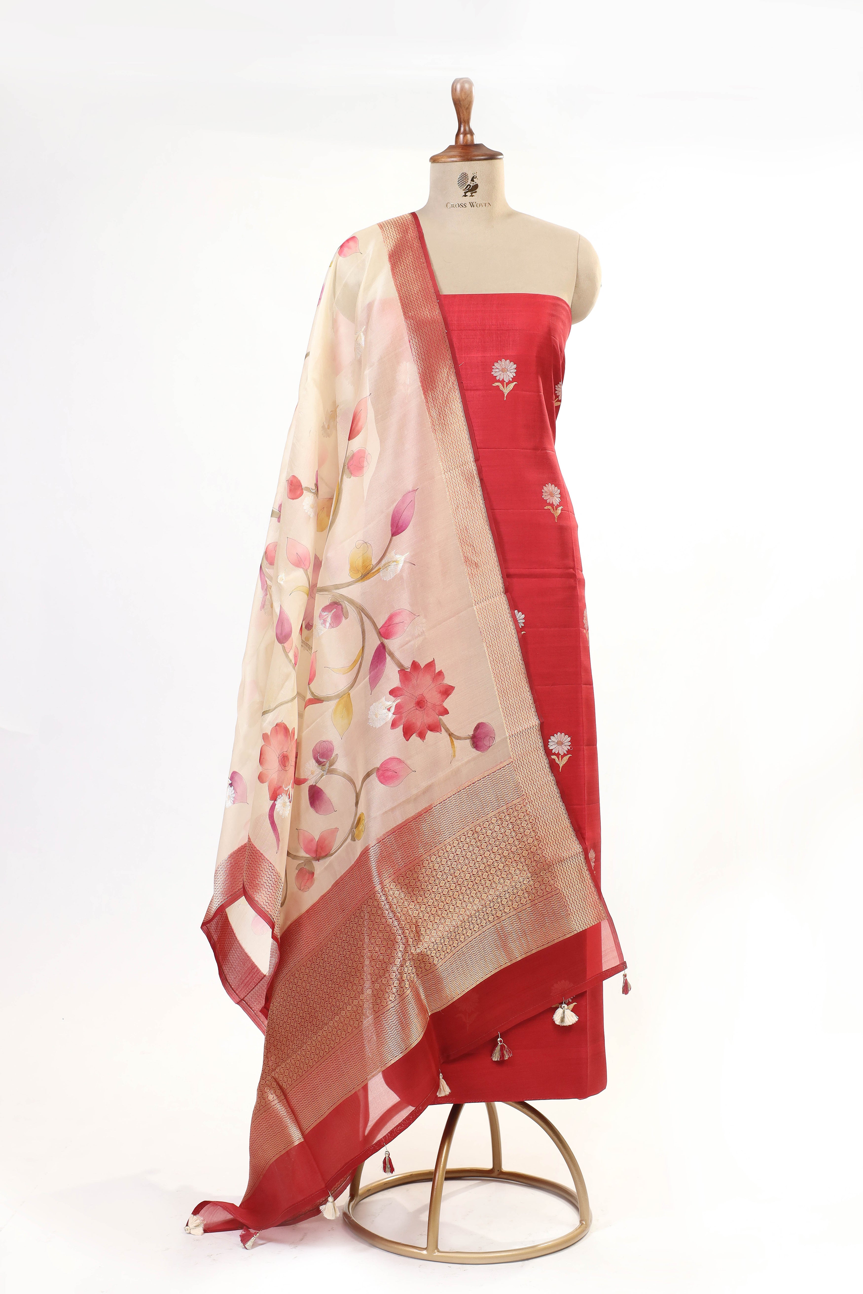 Red Chiniya Silk Suit Set With Handbrush Organza Dupatta