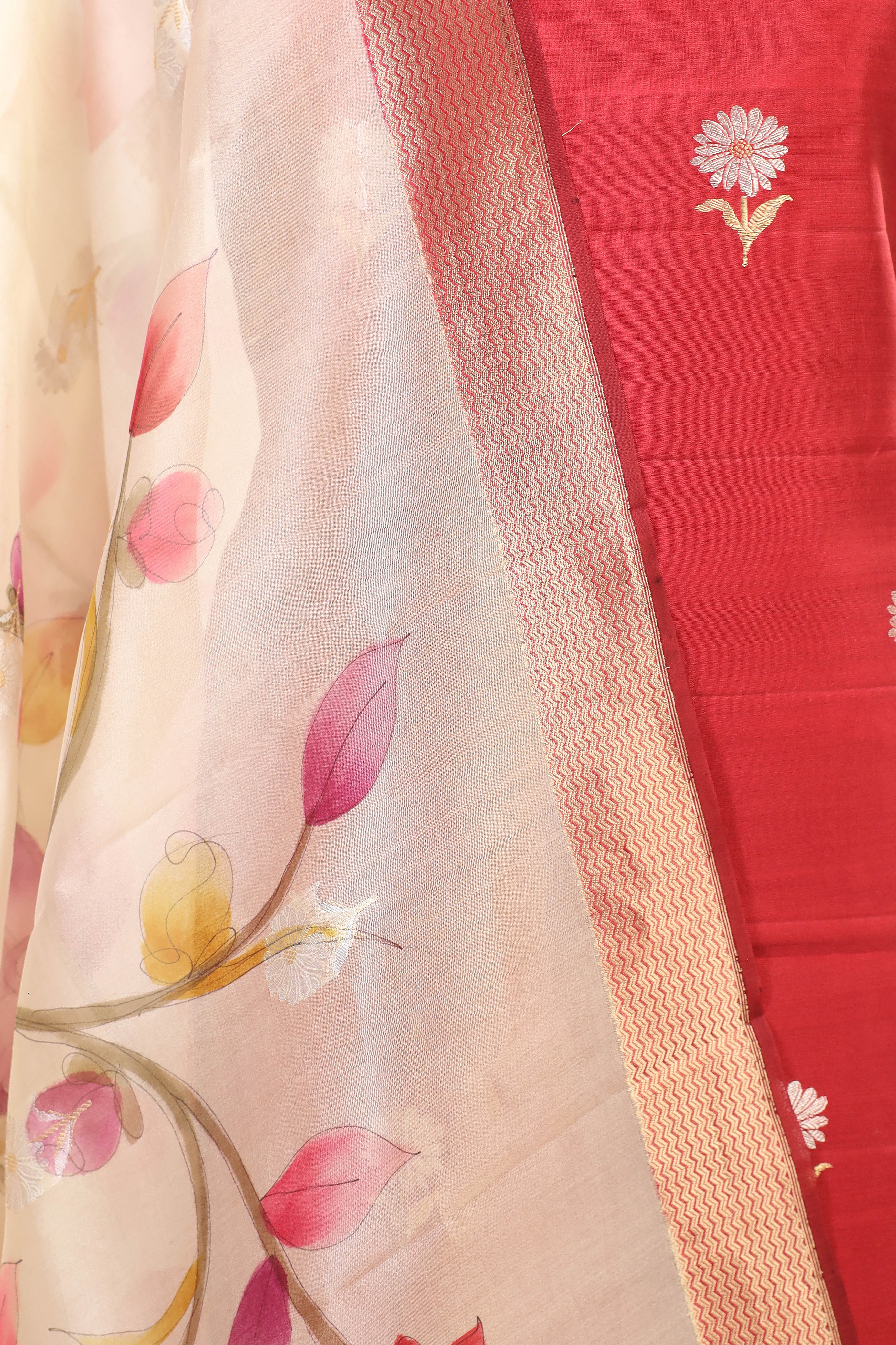 Red Chiniya Silk Suit Set With Handbrush Organza Dupatta