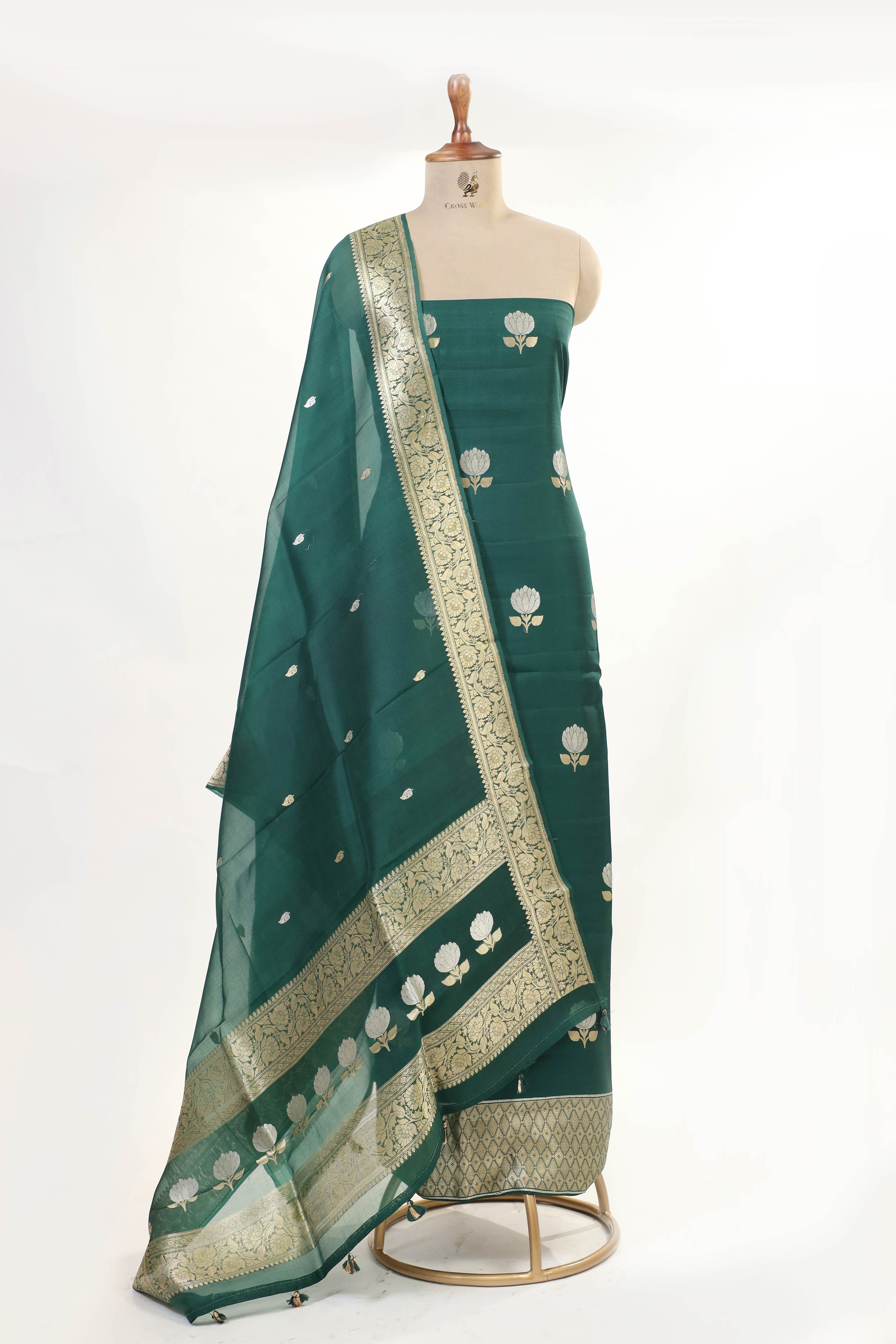 Bottle Green Chiniya Silk Suit Set With Organza Dupatta