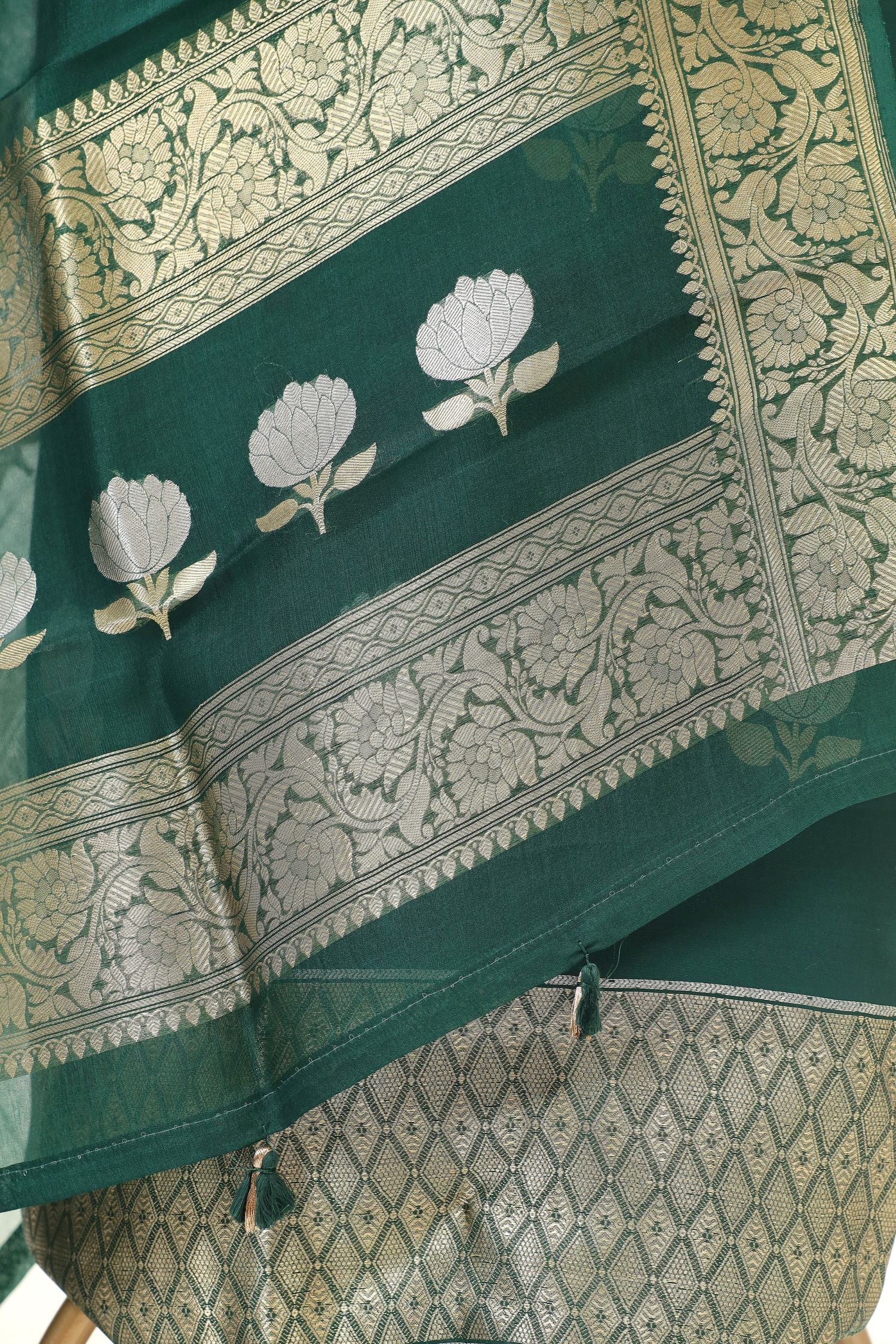 Bottle Green Chiniya Silk Suit Set With Organza Dupatta
