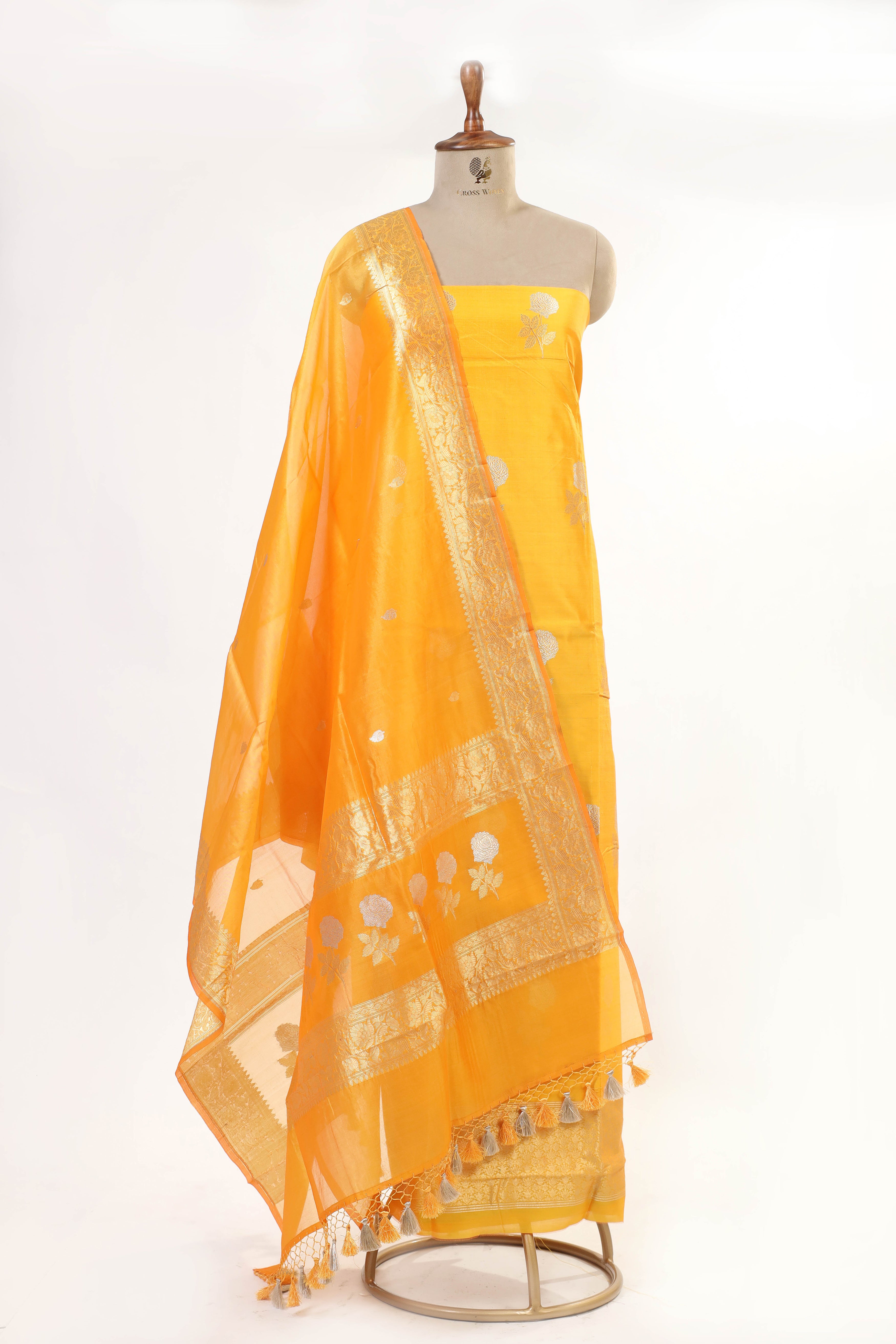 Bright Yellow Chiniya Silk Suit Set With Organza Dupatta