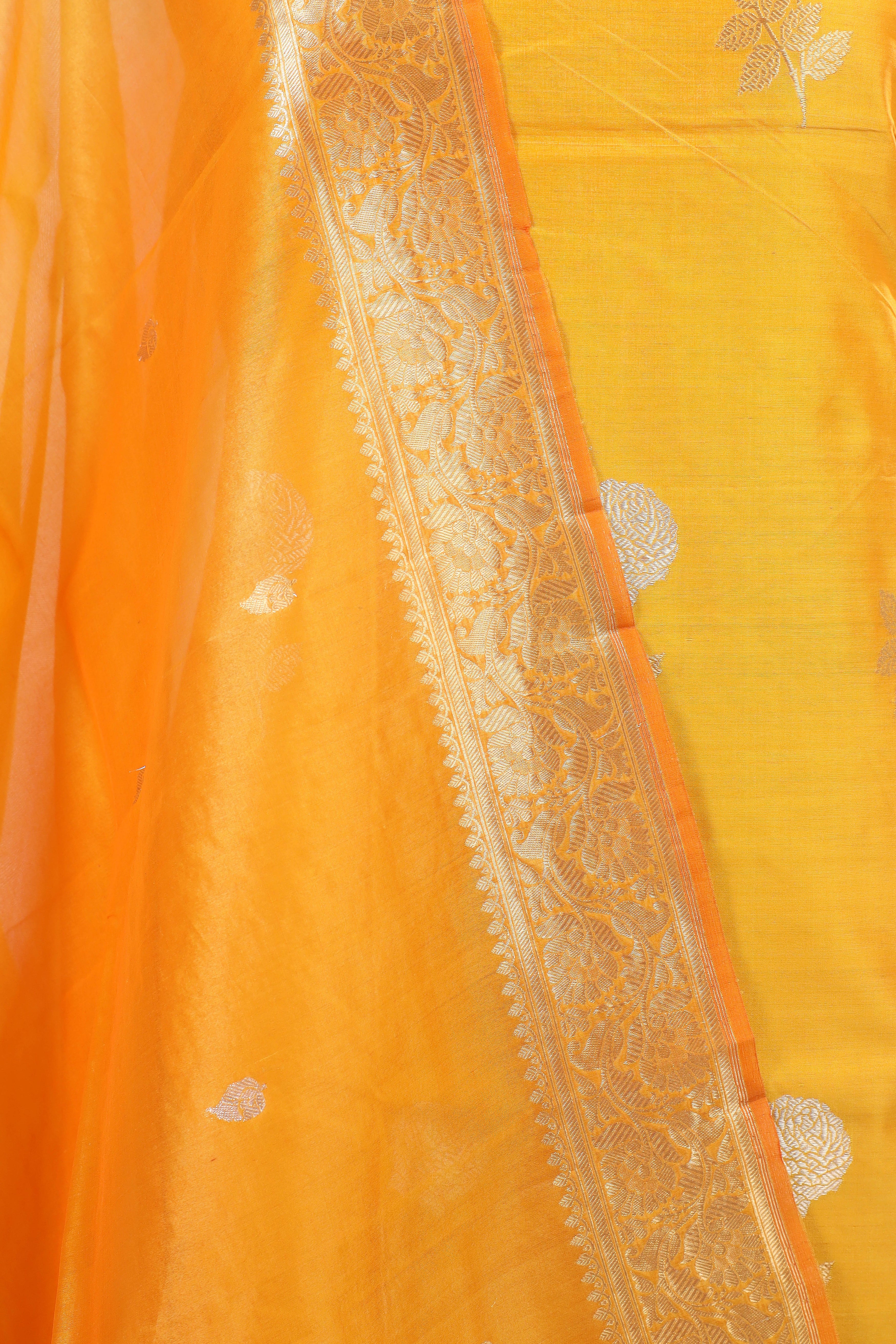 Bright Yellow Chiniya Silk Suit Set With Organza Dupatta