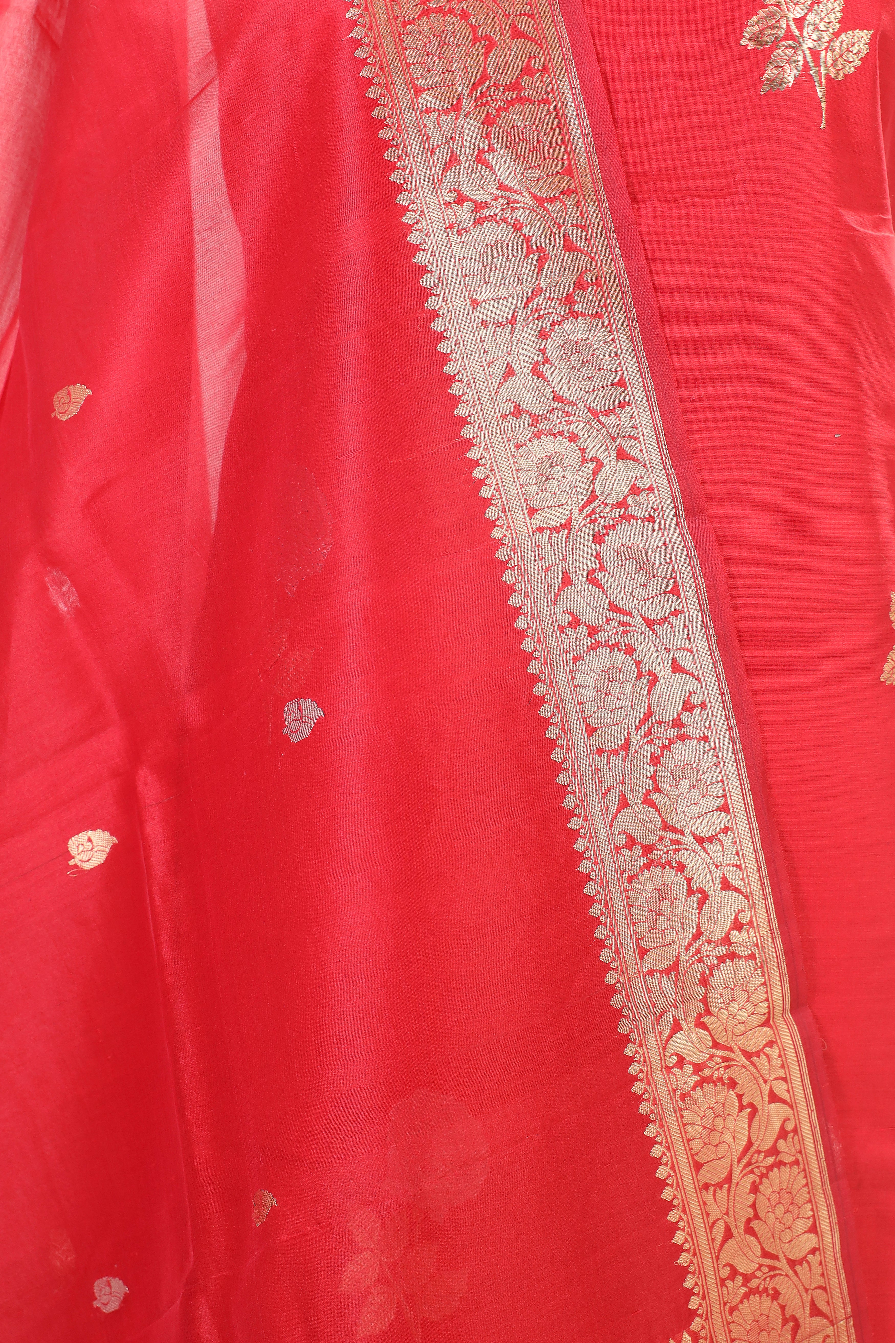 Red Chiniya Silk Suit Set With Organza Dupatta