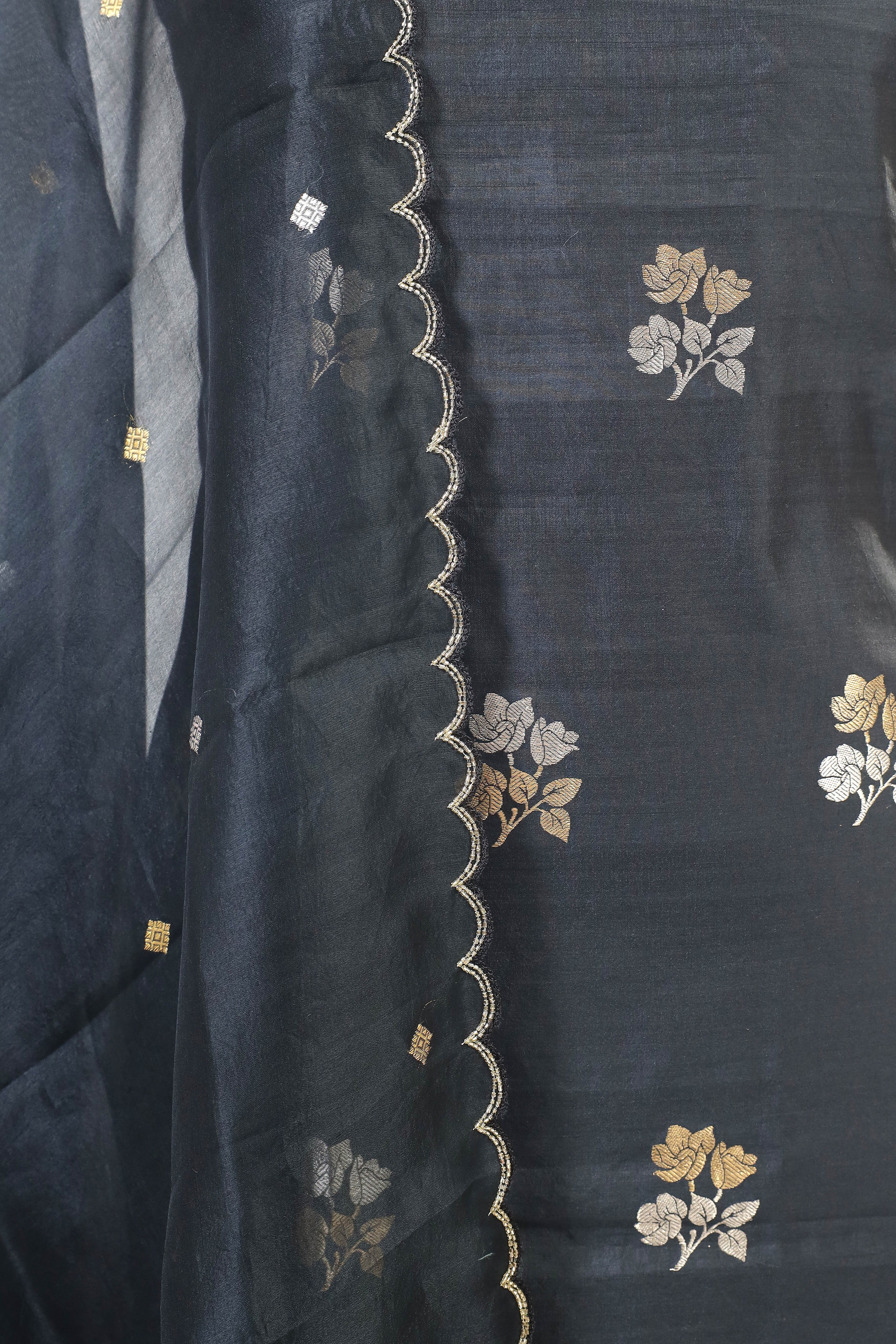 Black Chiniya Silk Suit Set With Hand Work Organza Dupatta