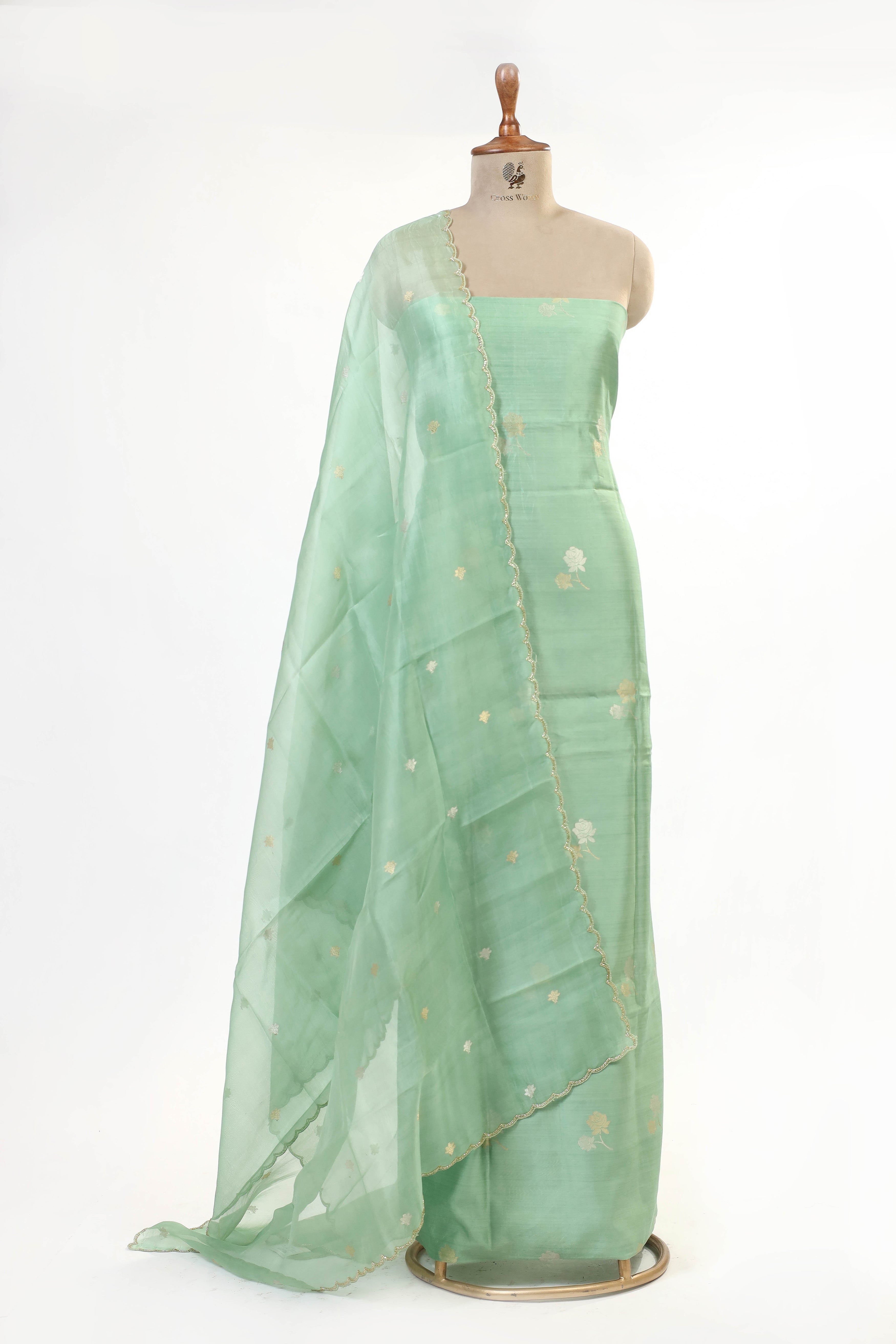 Sage Green Chiniya Silk Suit Set With Hand Work Organza Dupatta