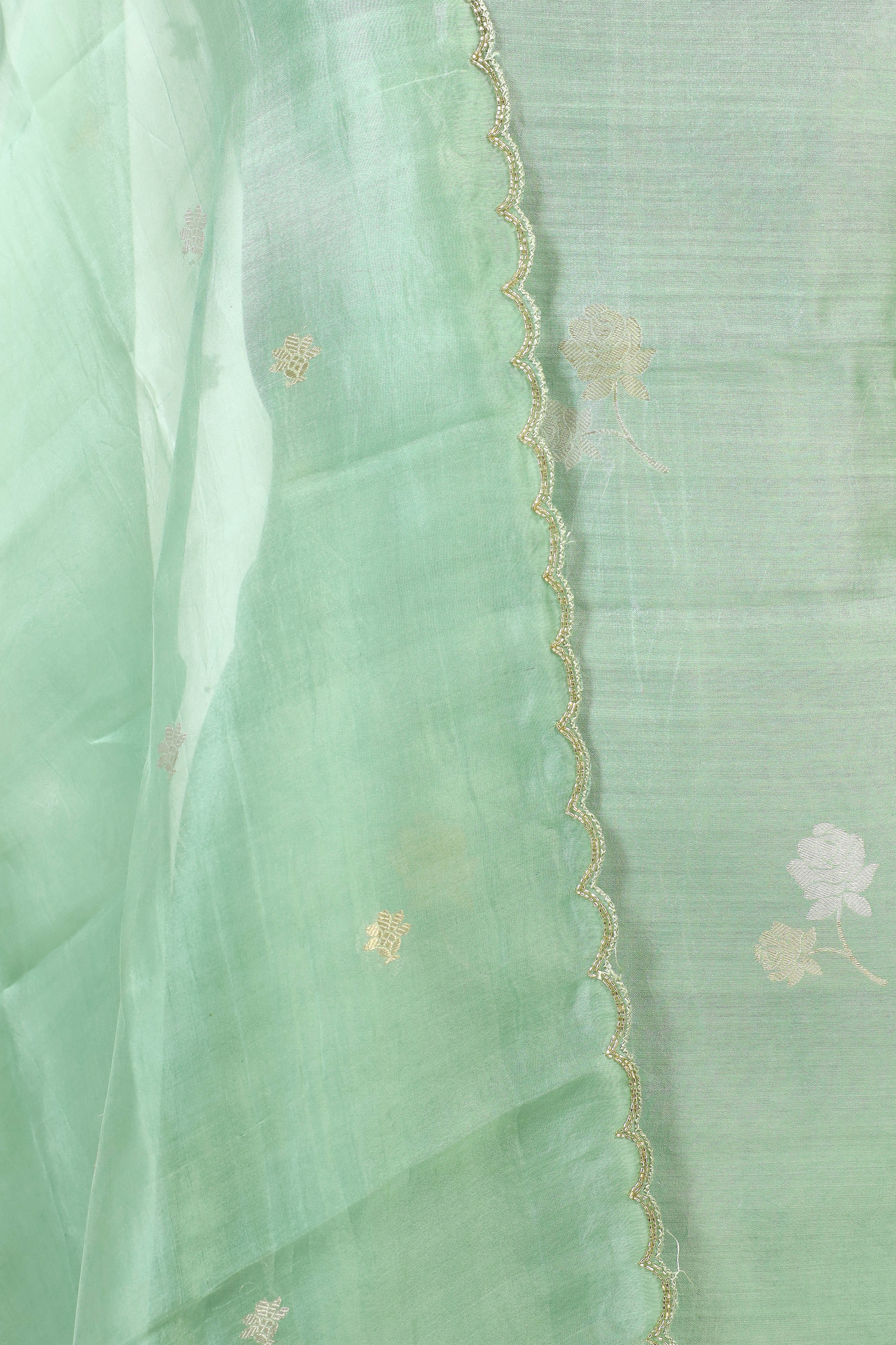 Sage Green Chiniya Silk Suit Set With Hand Work Organza Dupatta