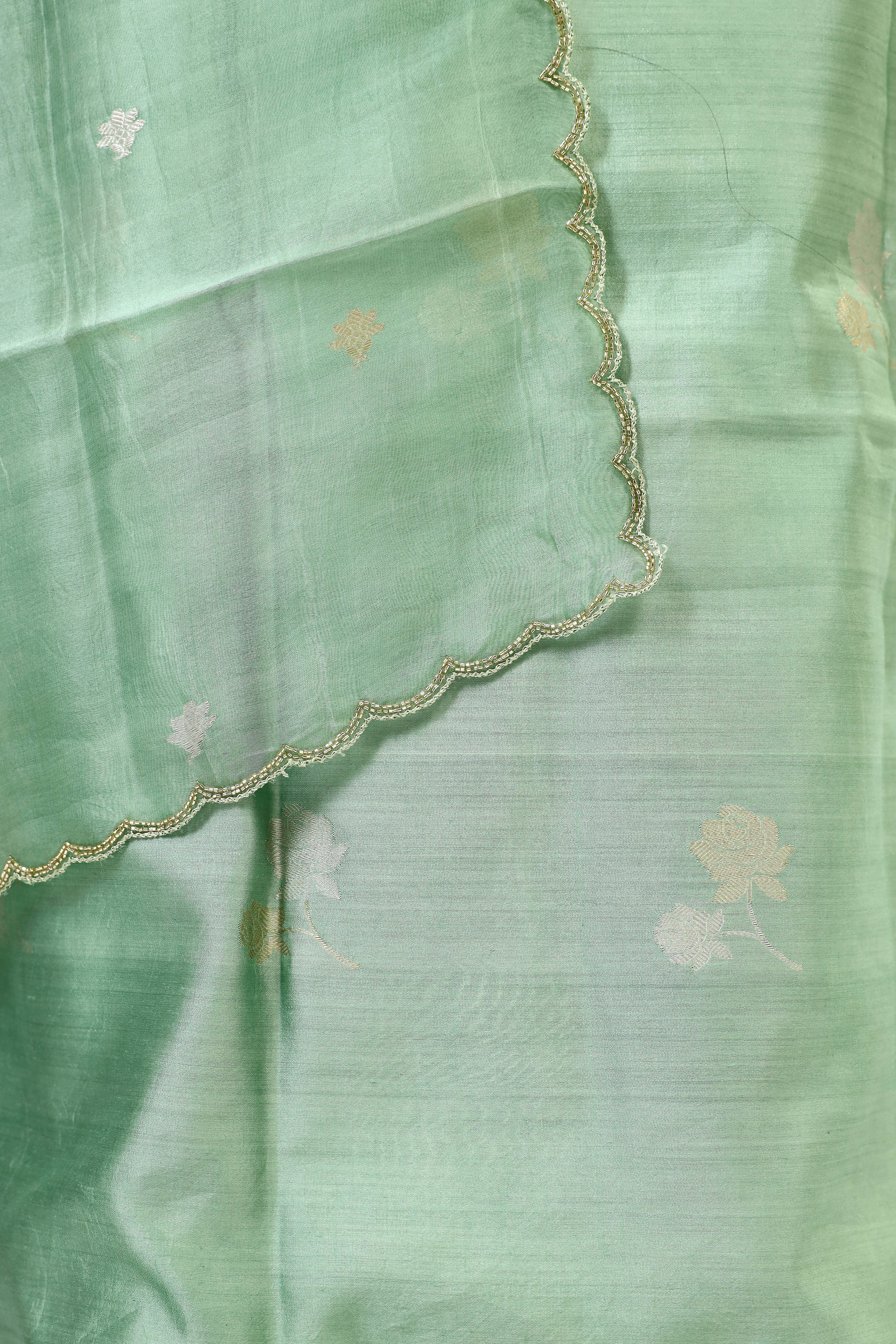 Sage Green Chiniya Silk Suit Set With Hand Work Organza Dupatta