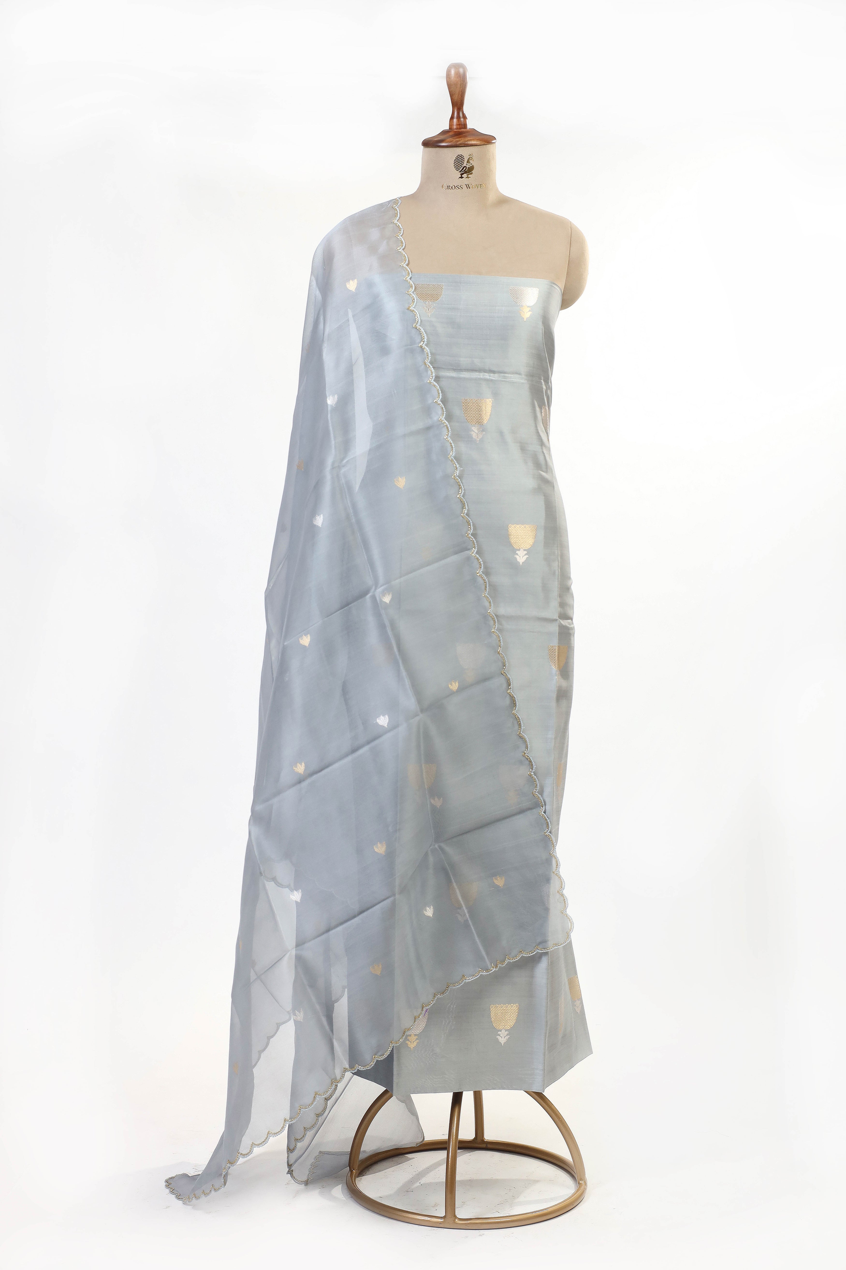 Gray Chiniya Silk Suit Set With Hand Work Organza Dupatta
