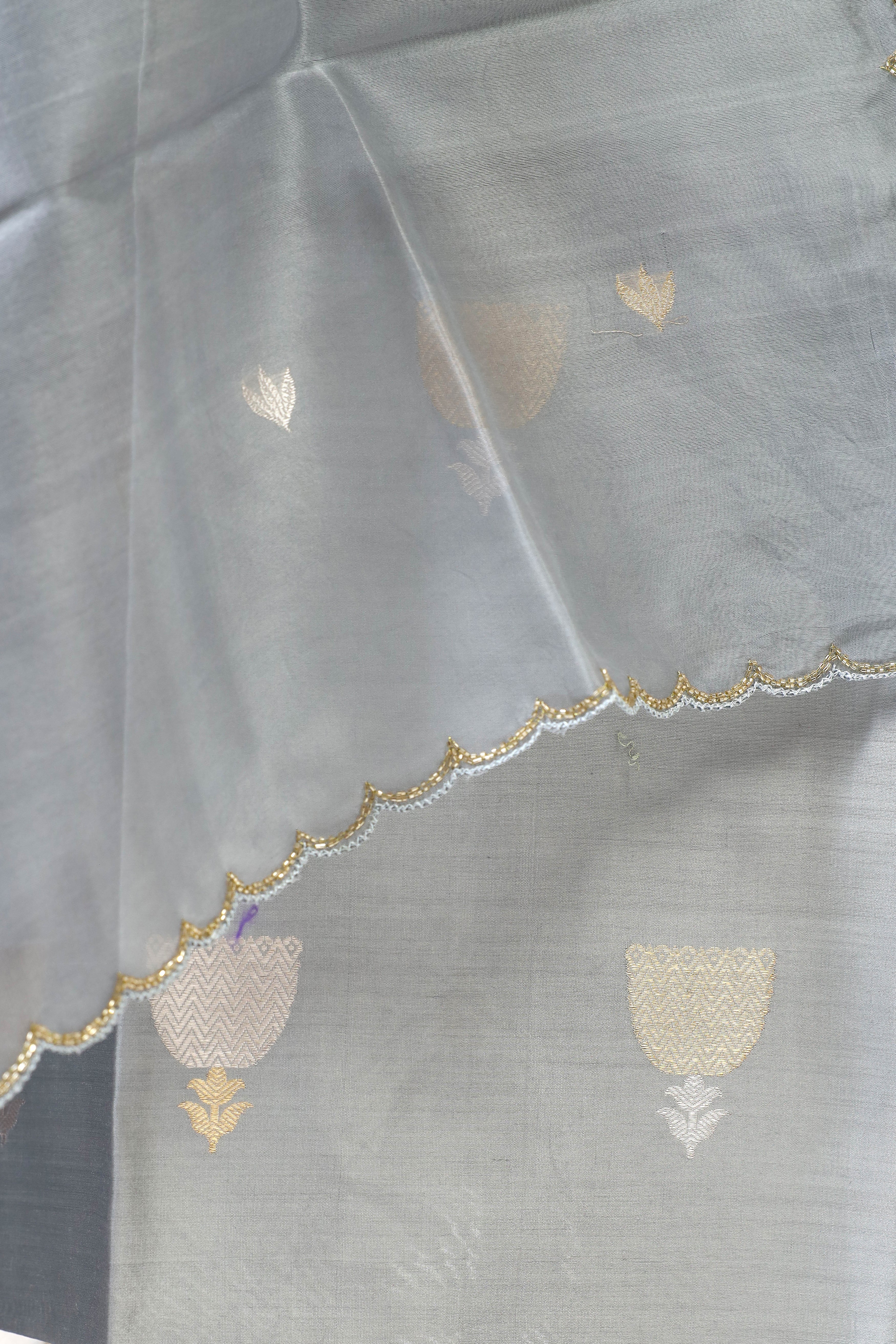 Gray Chiniya Silk Suit Set With Hand Work Organza Dupatta
