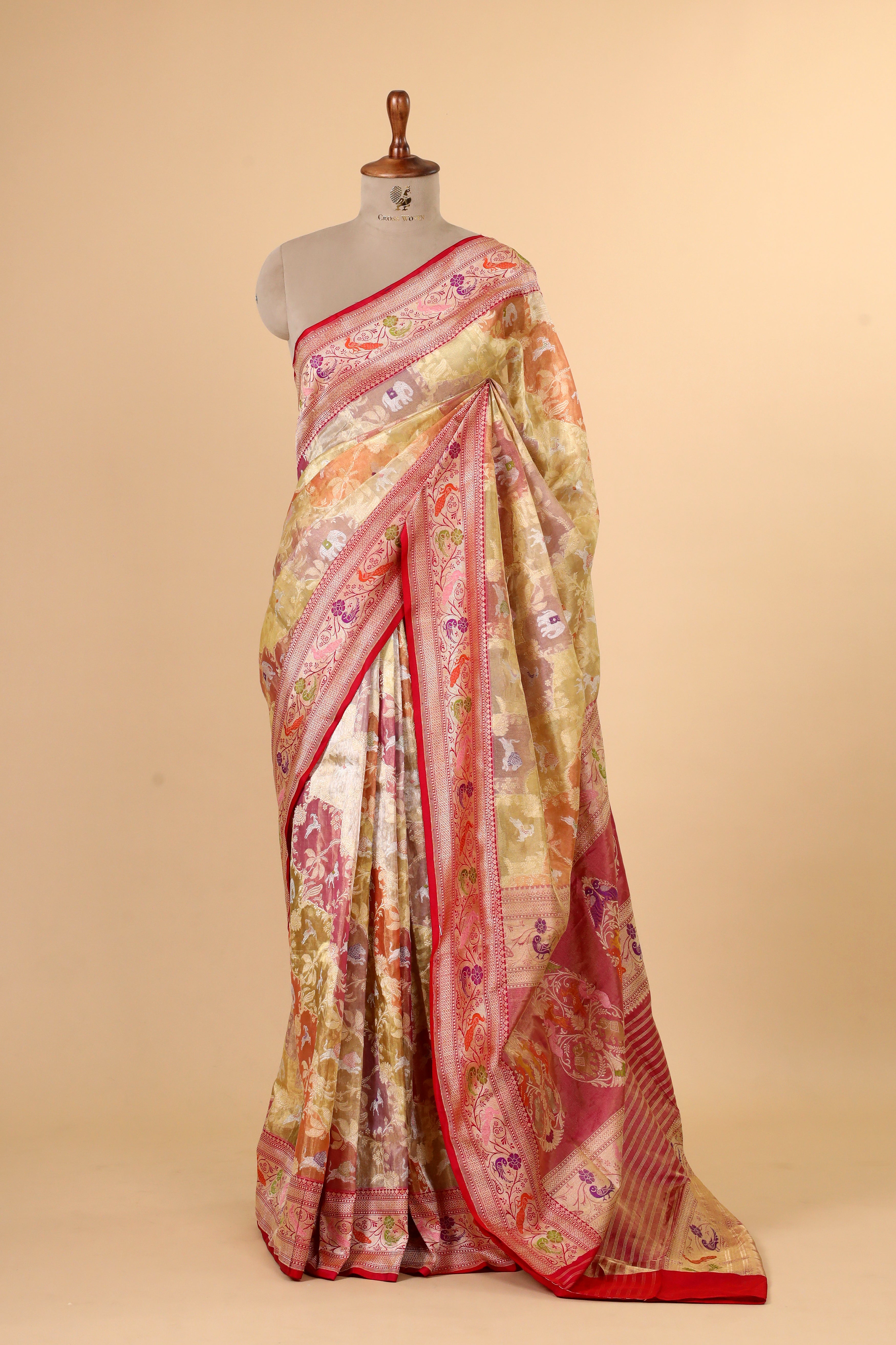 Gold Shikarghah Meenakari Handwoven Pure Banarasi Tissue Silk Saree