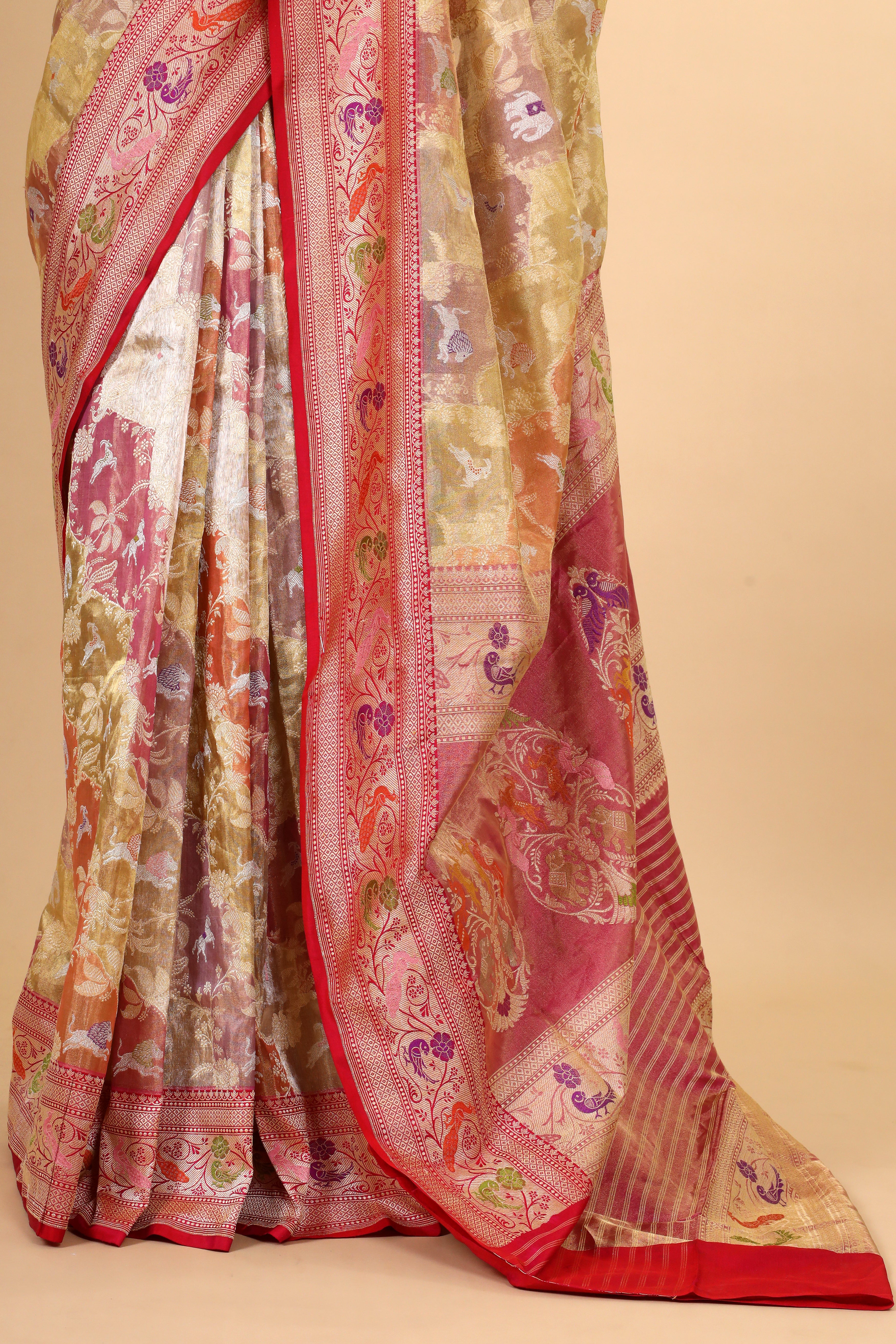 Gold Shikarghah Meenakari Handwoven Pure Banarasi Tissue Silk Saree