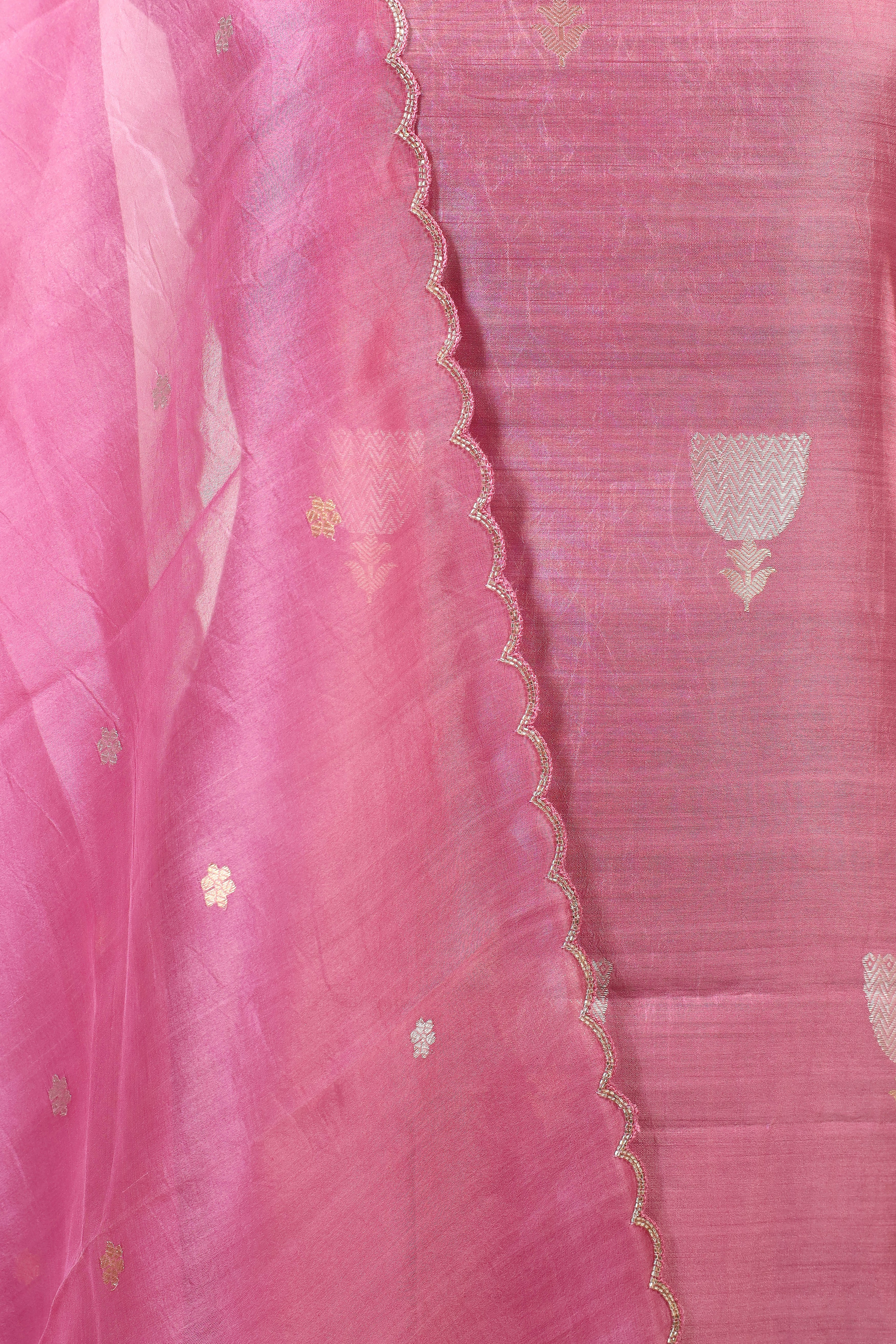 Rose Pink Chiniya Silk Suit Set With Hand Work Organza Dupatta