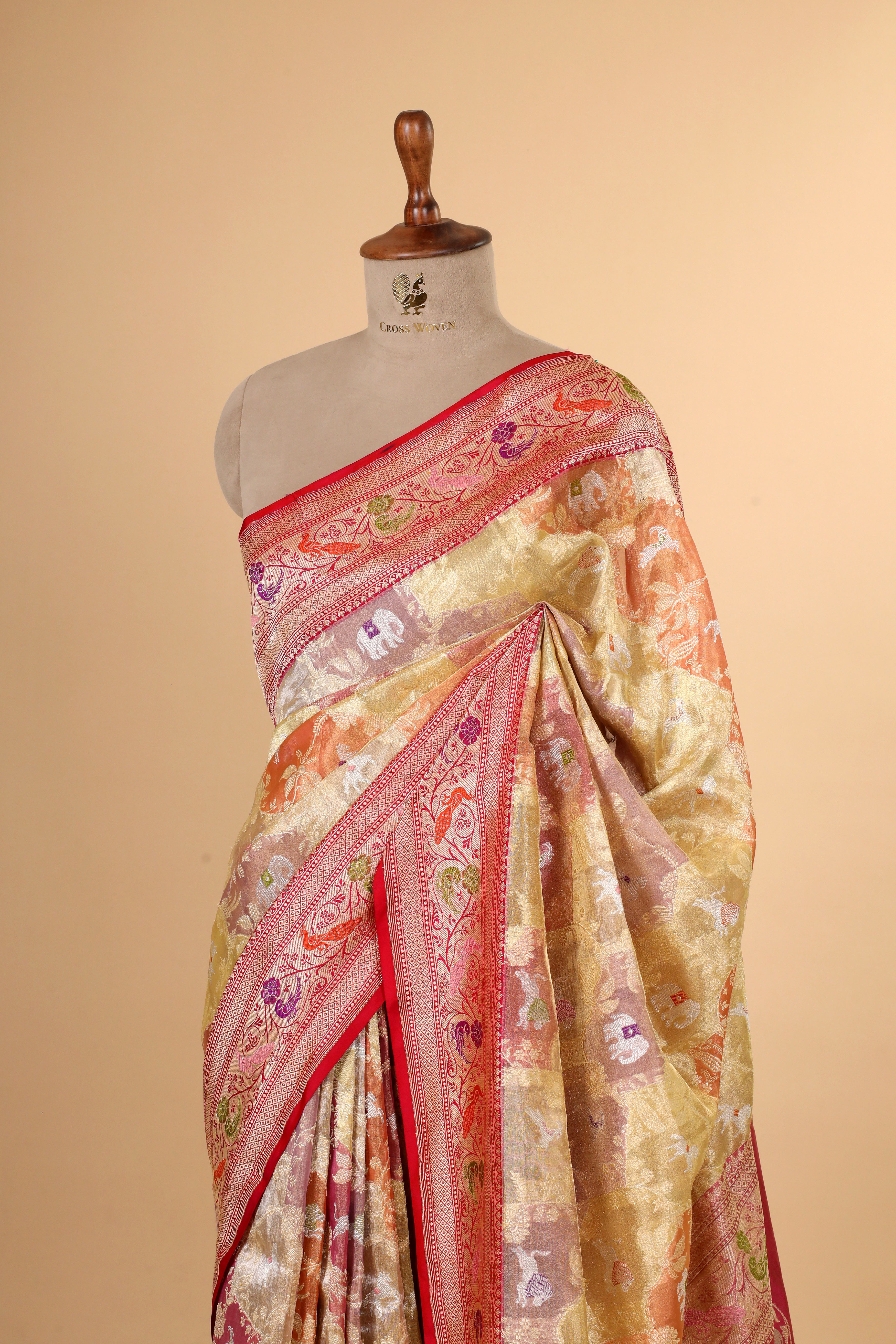 Gold Shikarghah Meenakari Handwoven Pure Banarasi Tissue Silk Saree