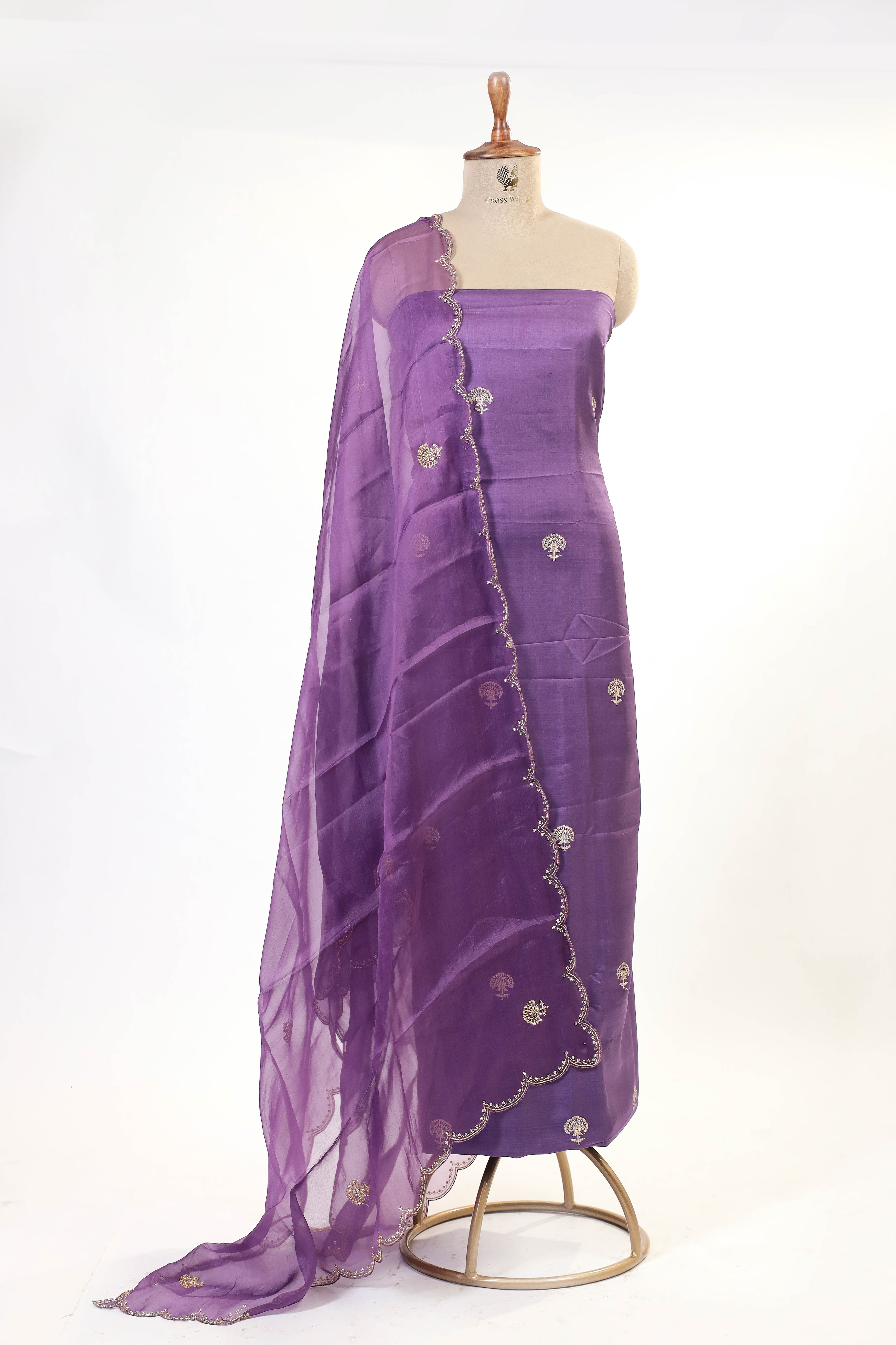 Purple Chiniya Silk Suit Set With Hand Work Organza Dupatta