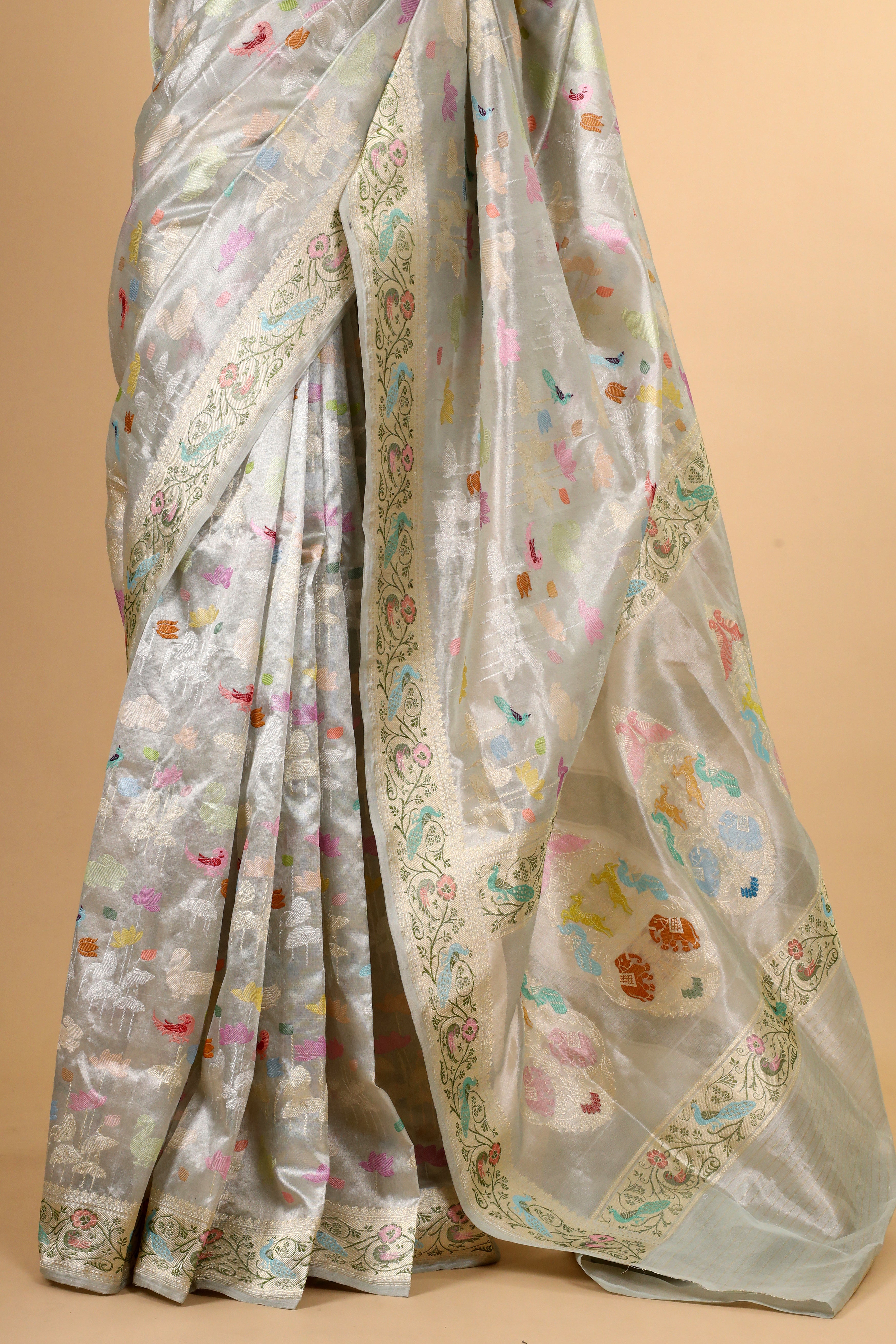 Silver Shikarghah Meenakari Handwoven Pure Banarasi Tissue Silk Saree
