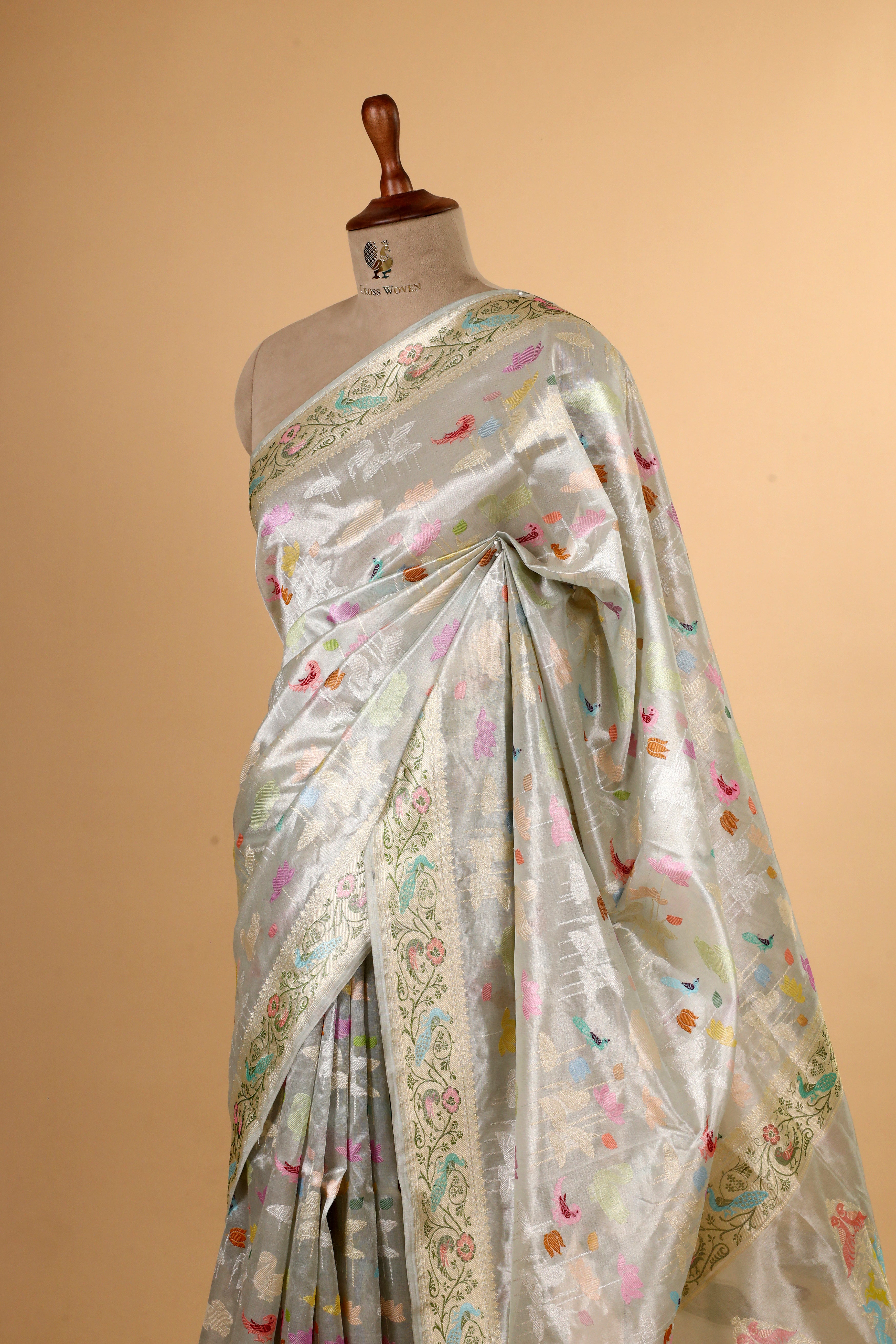 Silver Shikarghah Meenakari Handwoven Pure Banarasi Tissue Silk Saree