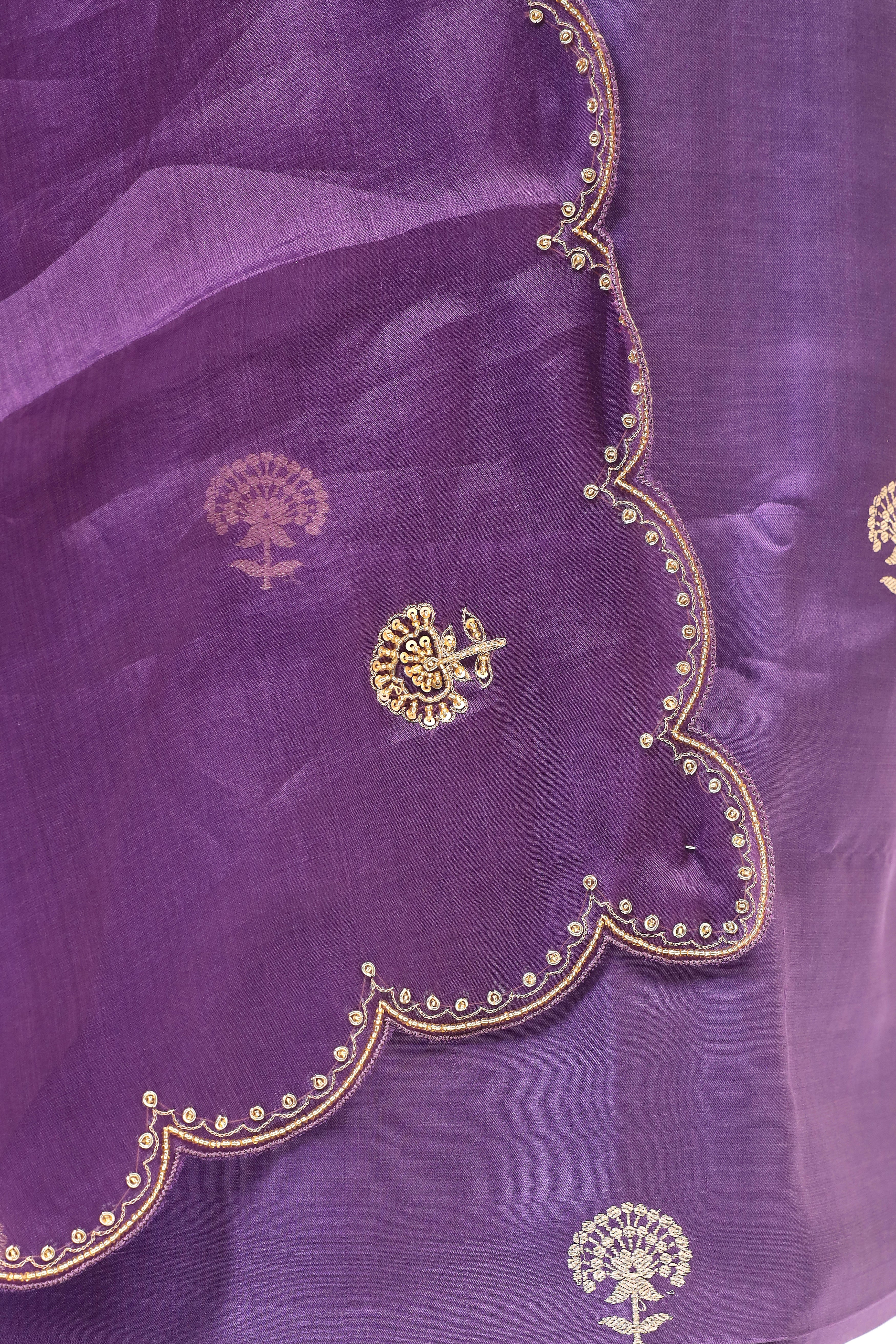 Purple Chiniya Silk Suit Set With Hand Work Organza Dupatta