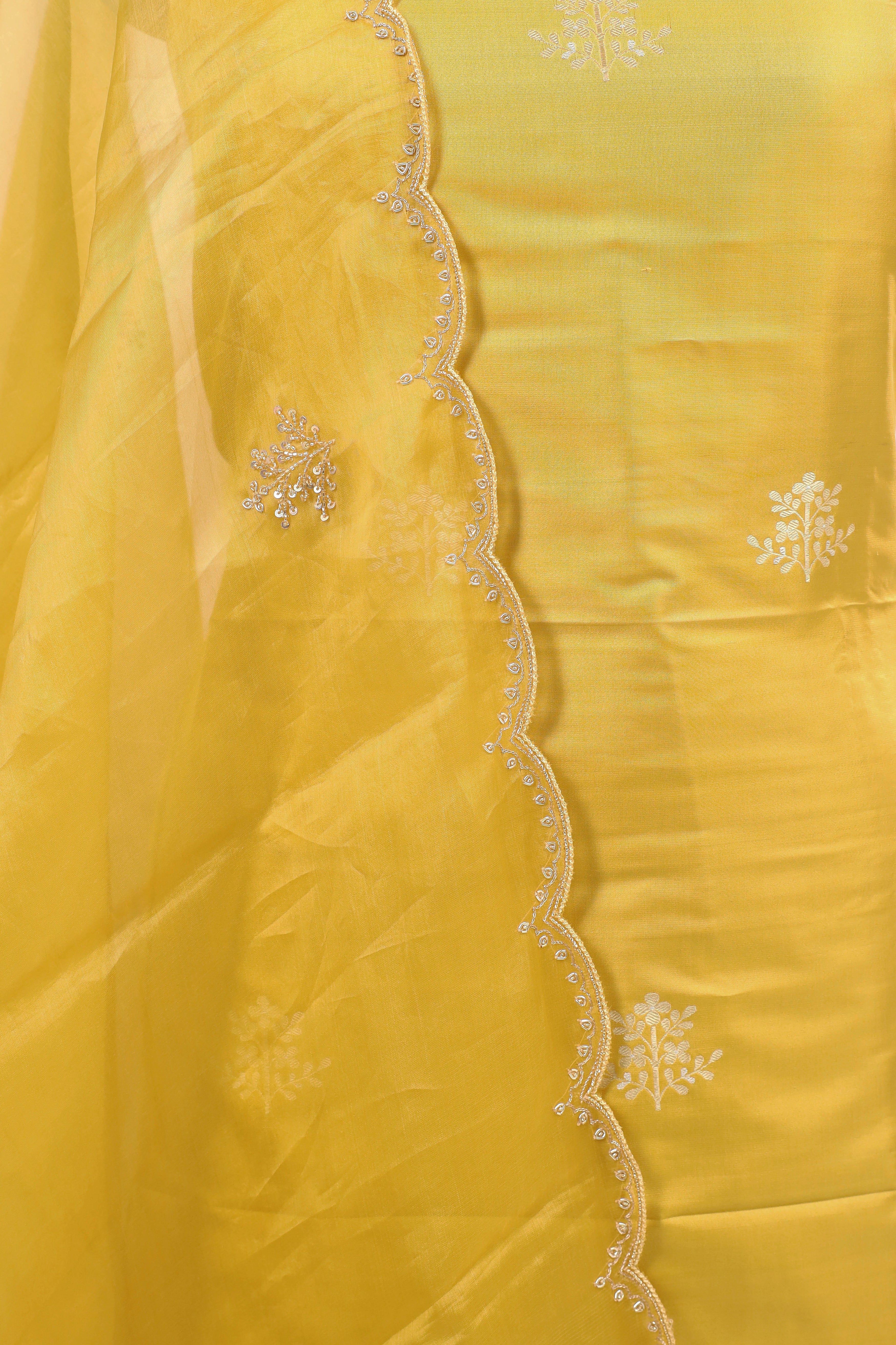 Yellow Chiniya Silk Suit Set With Hand Work Organza Dupatta