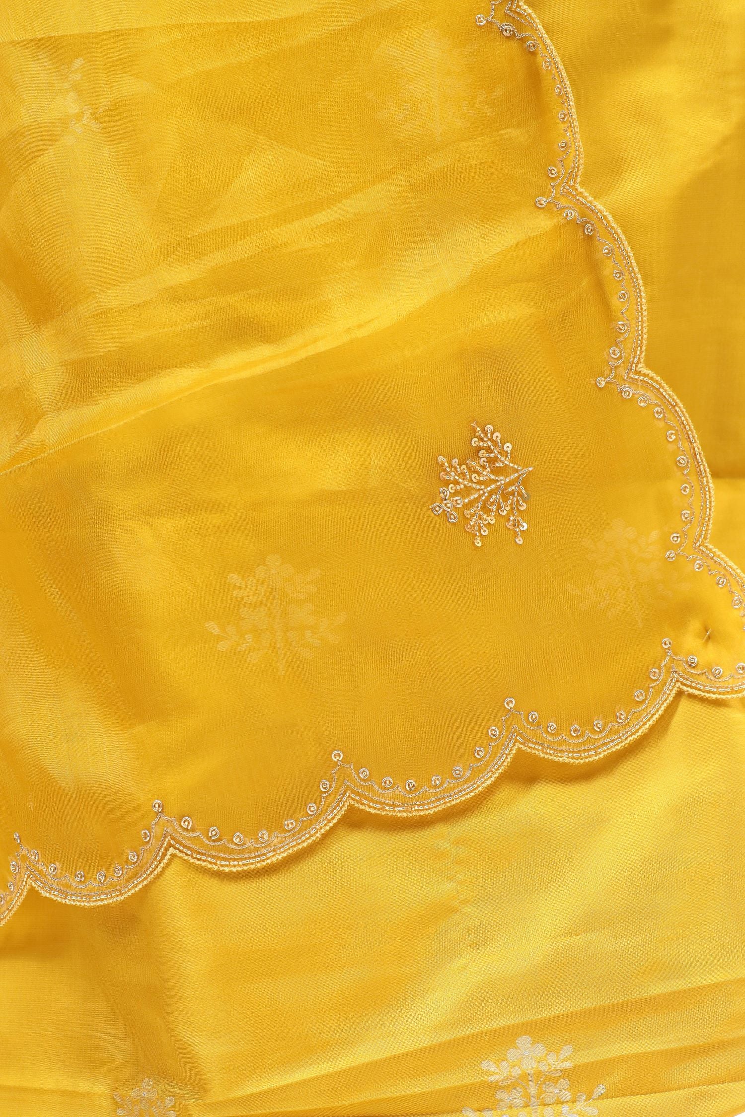Yellow Chiniya Silk Suit Set With Hand Work Organza Dupatta