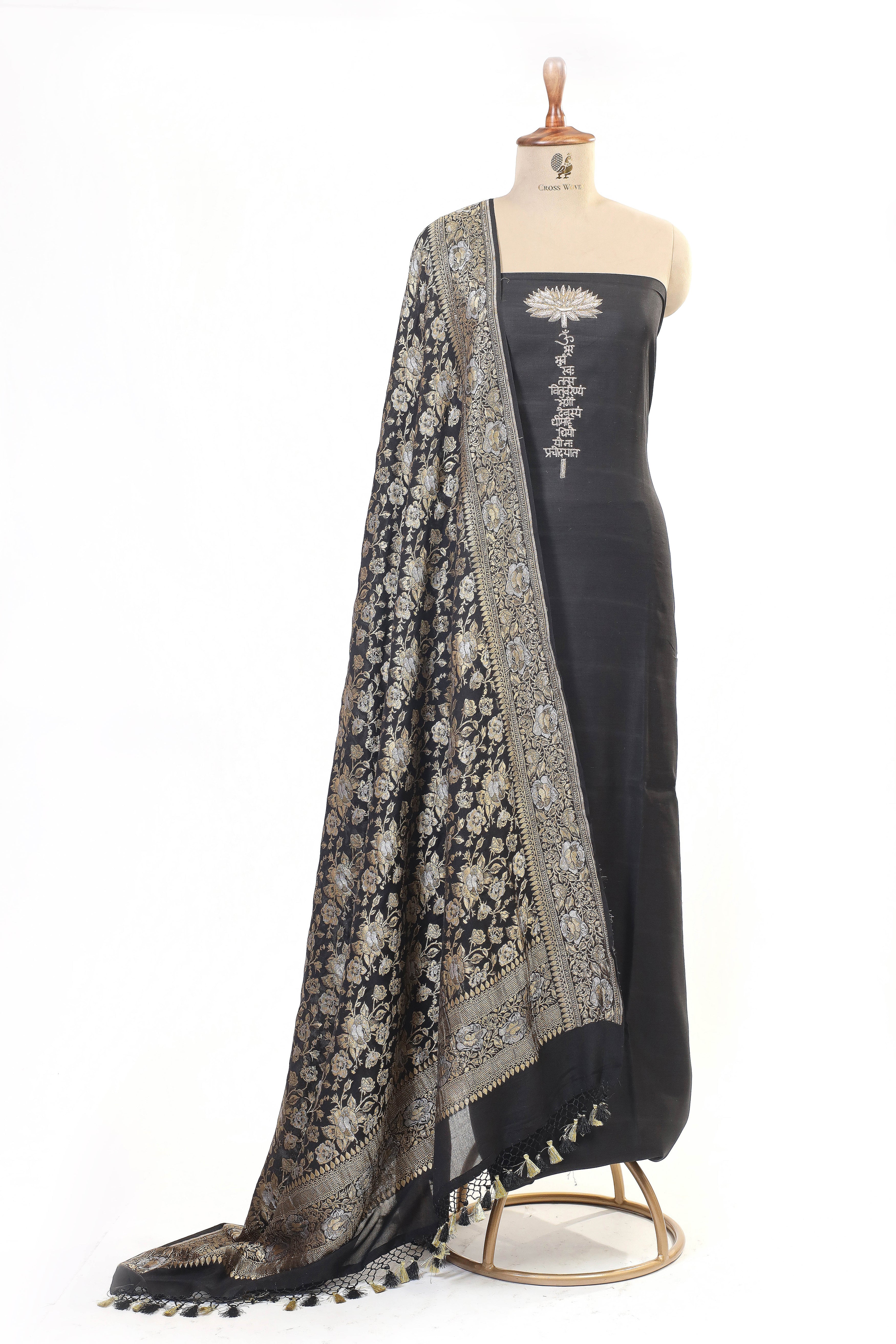 Black Chiniya Silk Suit Set with Georgette Khaddi Dupatta