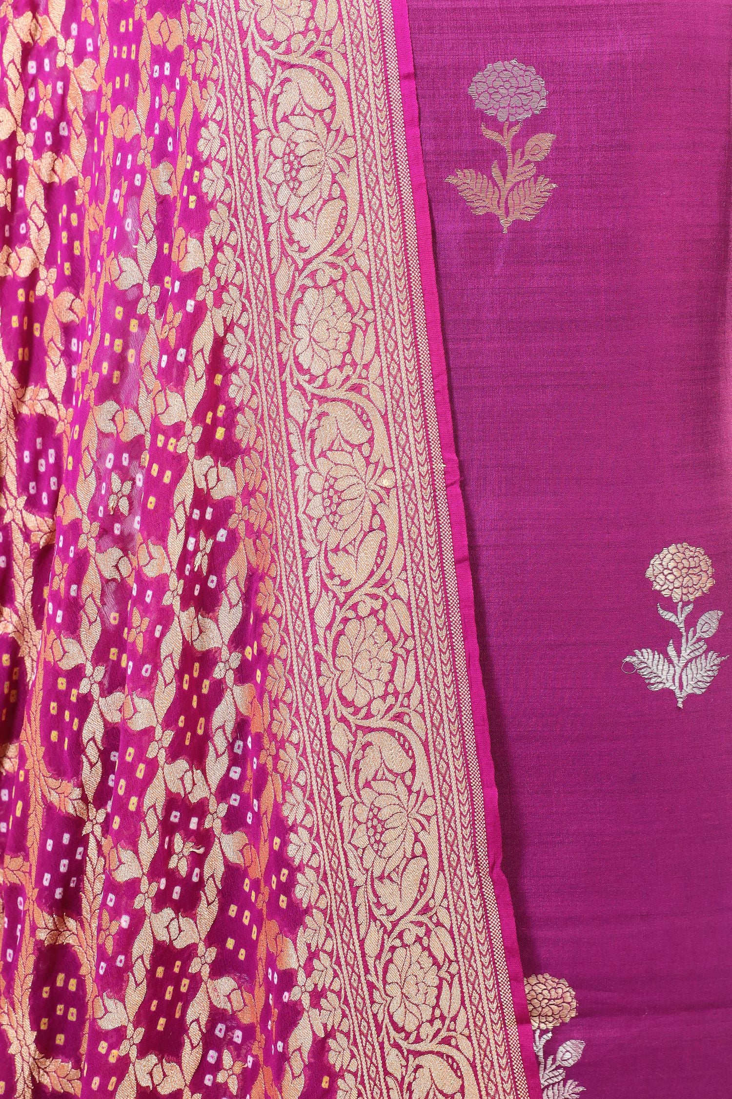 Magenta Purple Chiniya SIlk Suit Set With Bandhani Dupatta