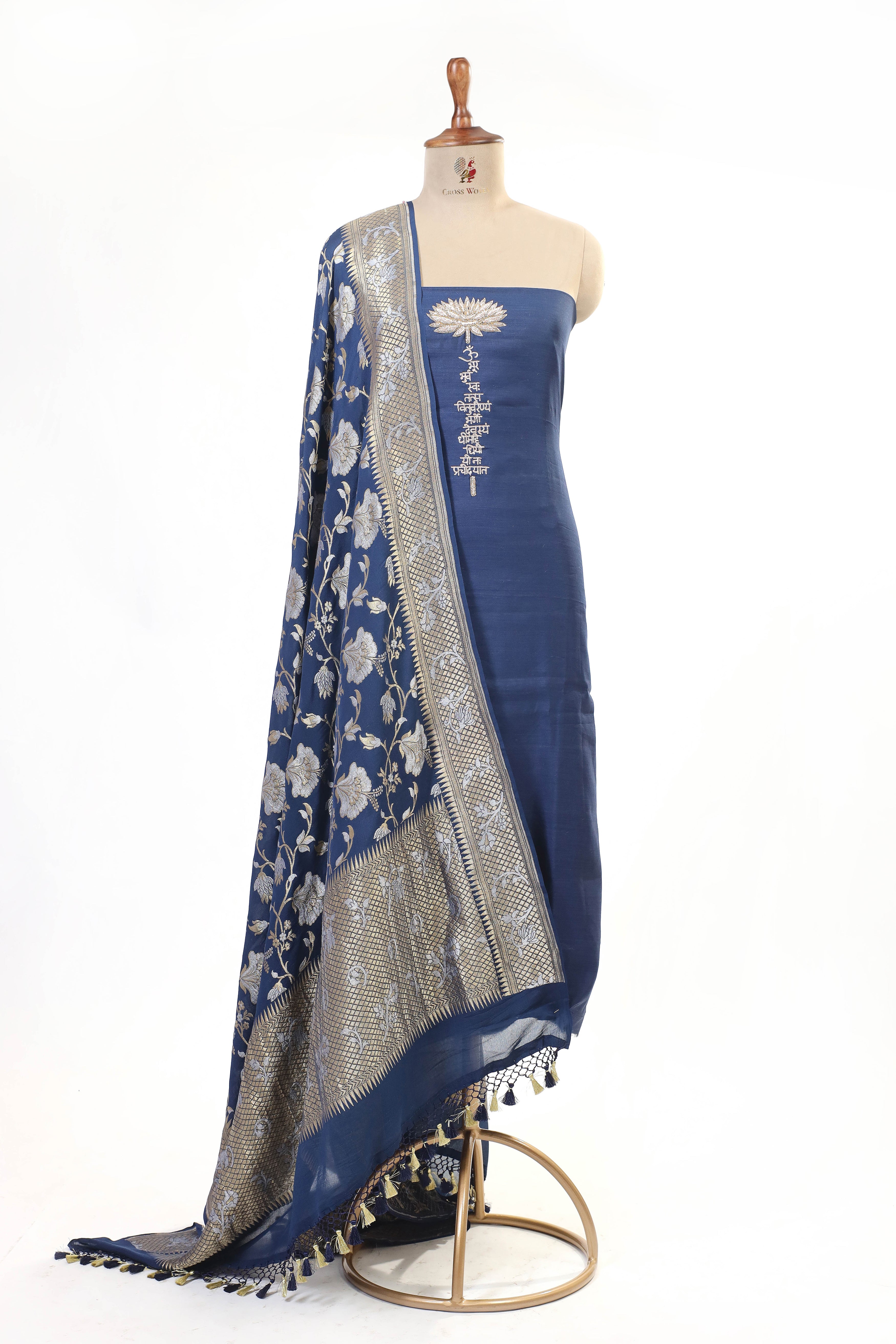 Navy Blue Chiniya Silk Suit Set with Georgette Khaddi Dupatta