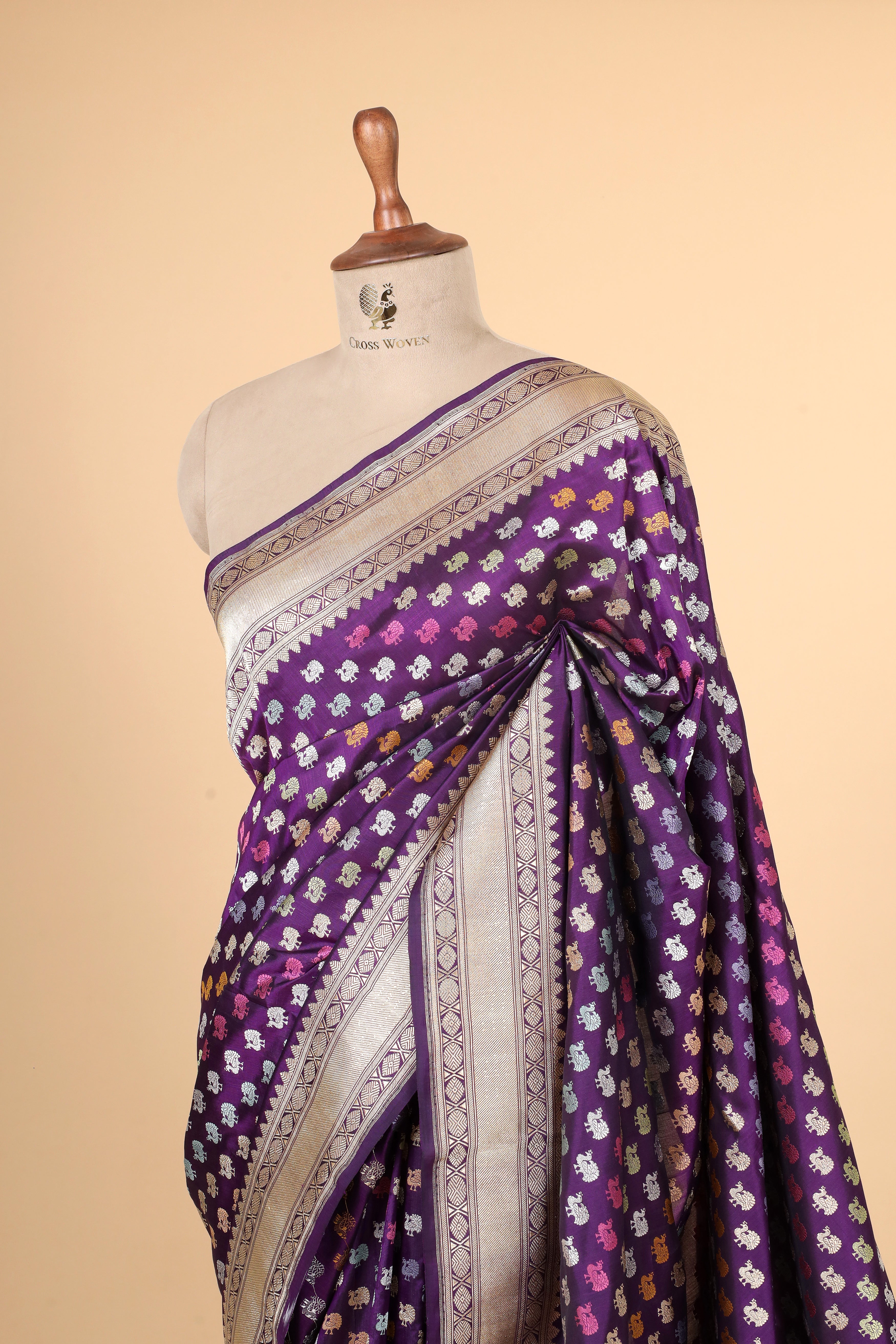 Deep Purple Meenakari Peacock Handwoven Pure Banarasi Katan Silk Saree