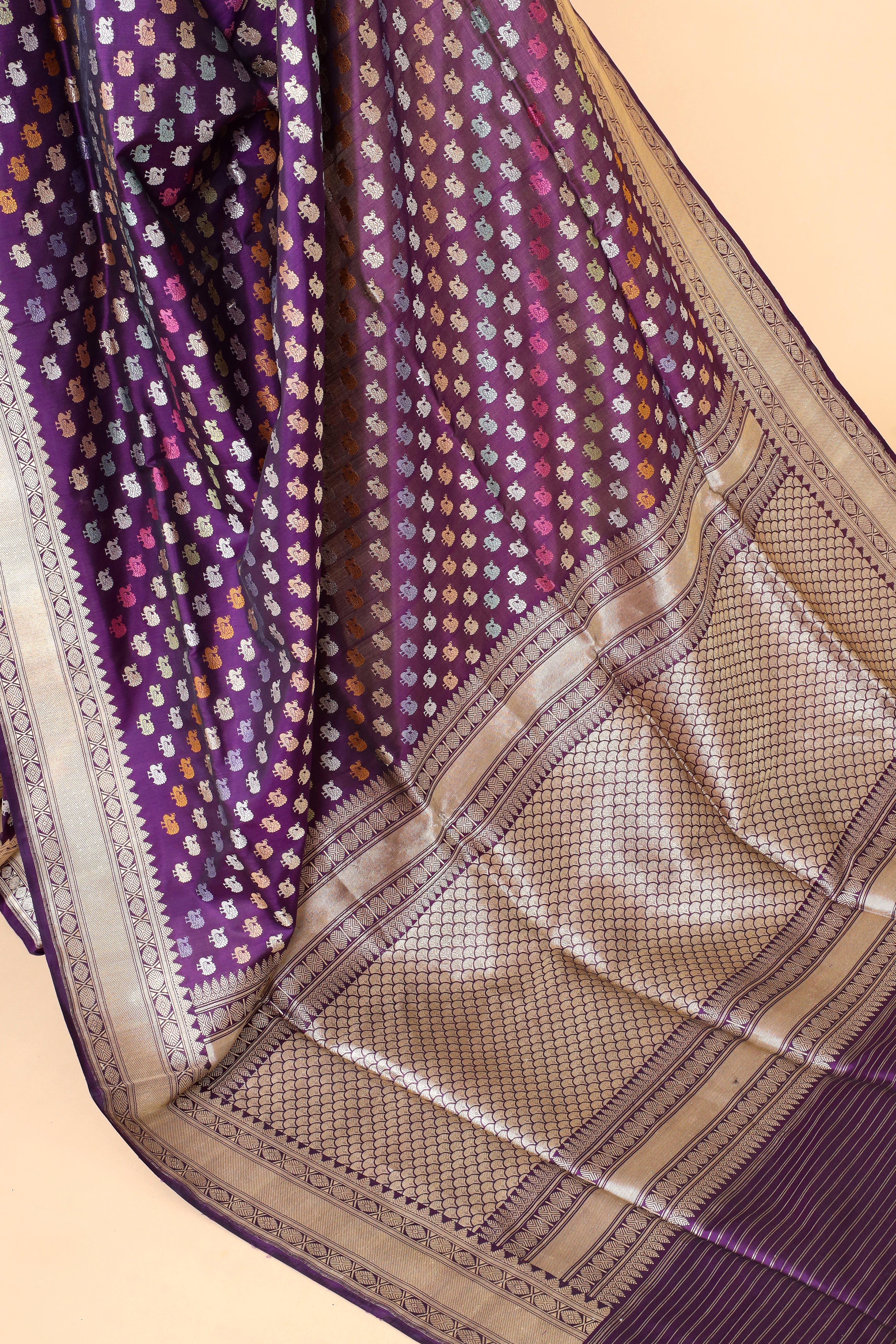 Deep Purple Meenakari Peacock Handwoven Pure Banarasi Katan Silk Saree