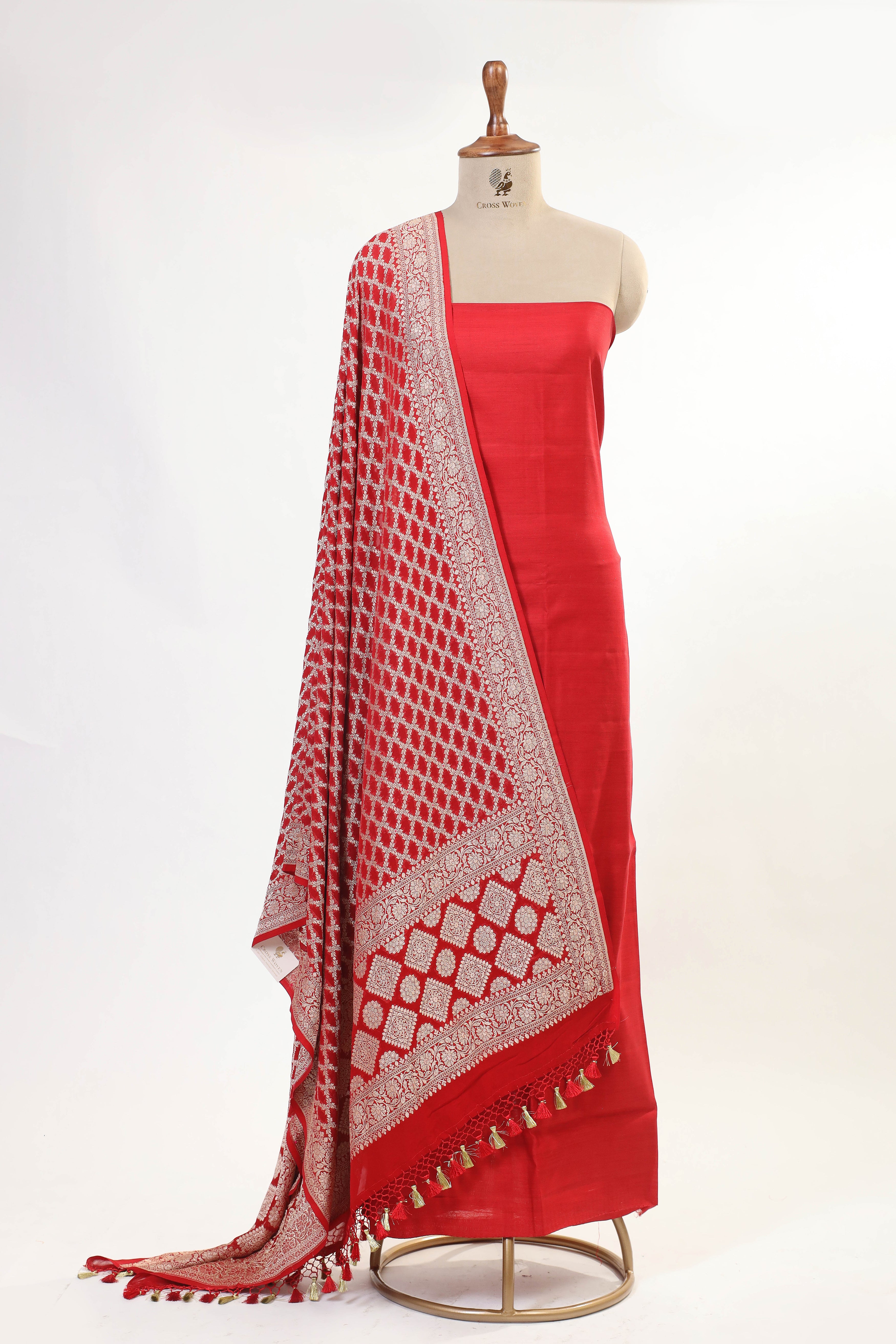 Red Chiniya Silk Suit Set with Georgette Khaddi Dupatta