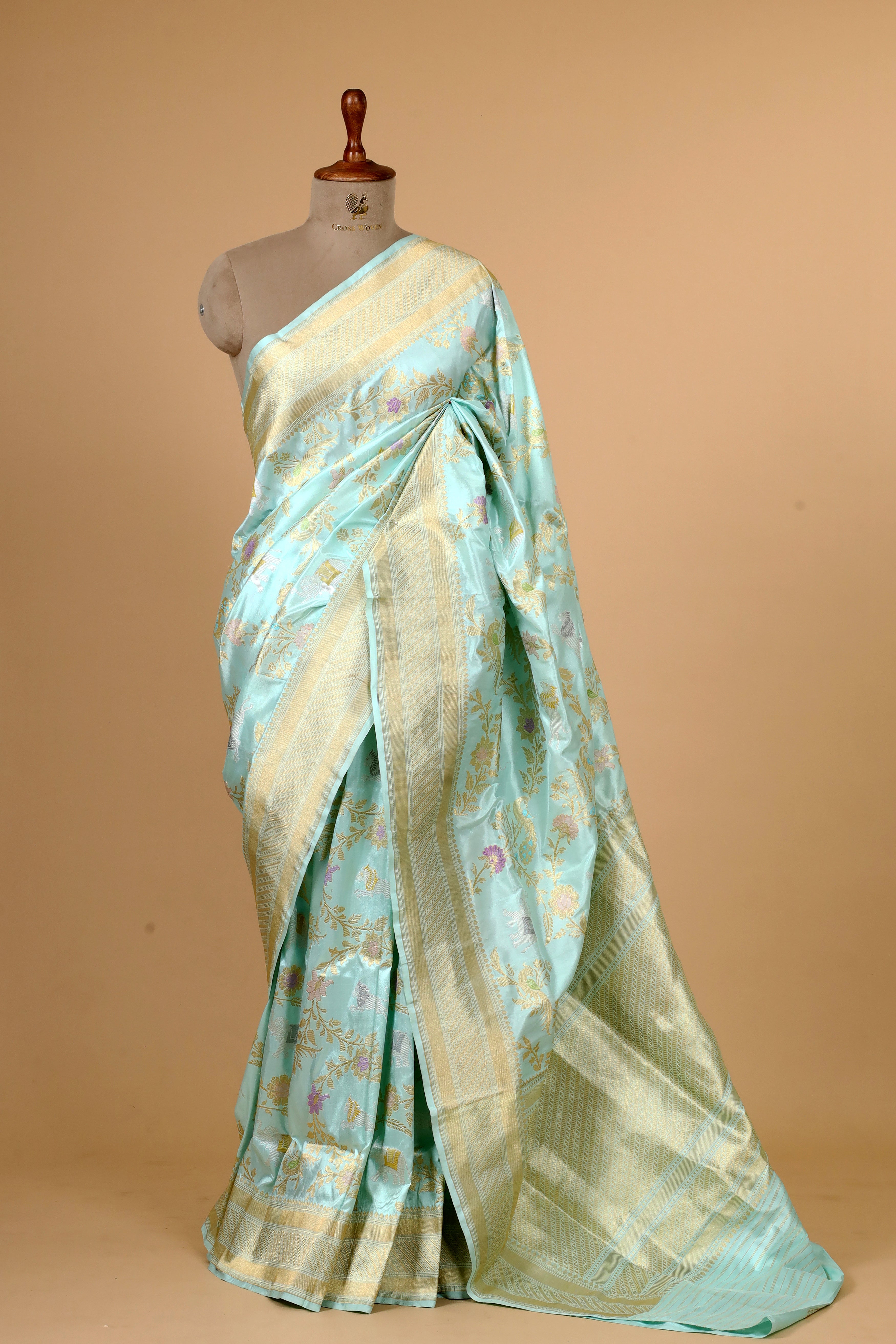 Powder Blue Shikarghah Meenakari  Handwoven Pure Banarasi Katan Silk Saree