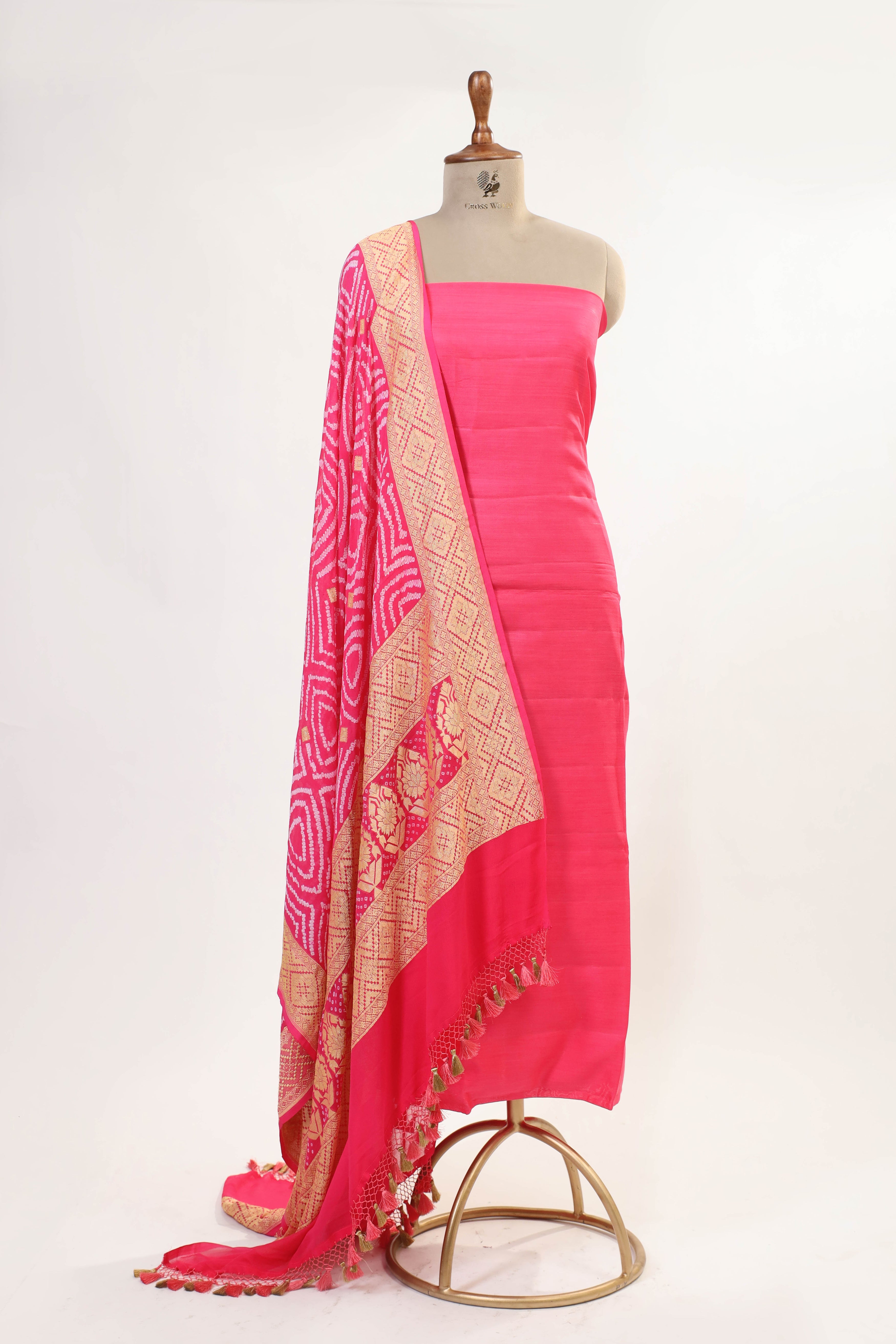 Fuschia Pink Chiniya Silk Suit with Bandhani Dupatta