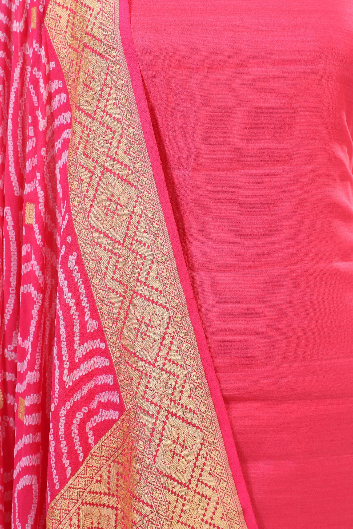 Fuschia Pink Chiniya Silk Suit with Bandhani Dupatta