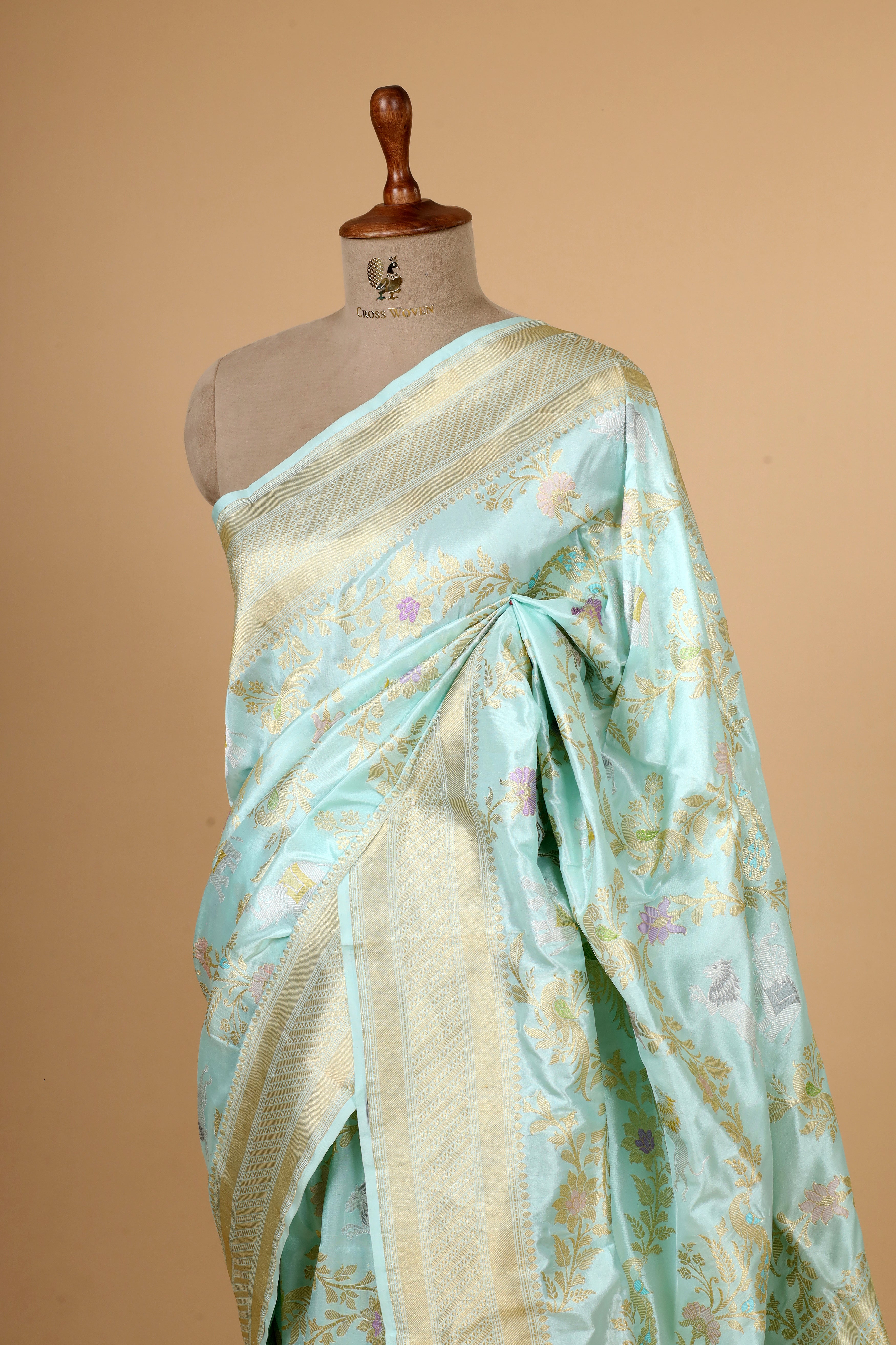 Powder Blue Shikarghah Meenakari  Handwoven Pure Banarasi Katan Silk Saree