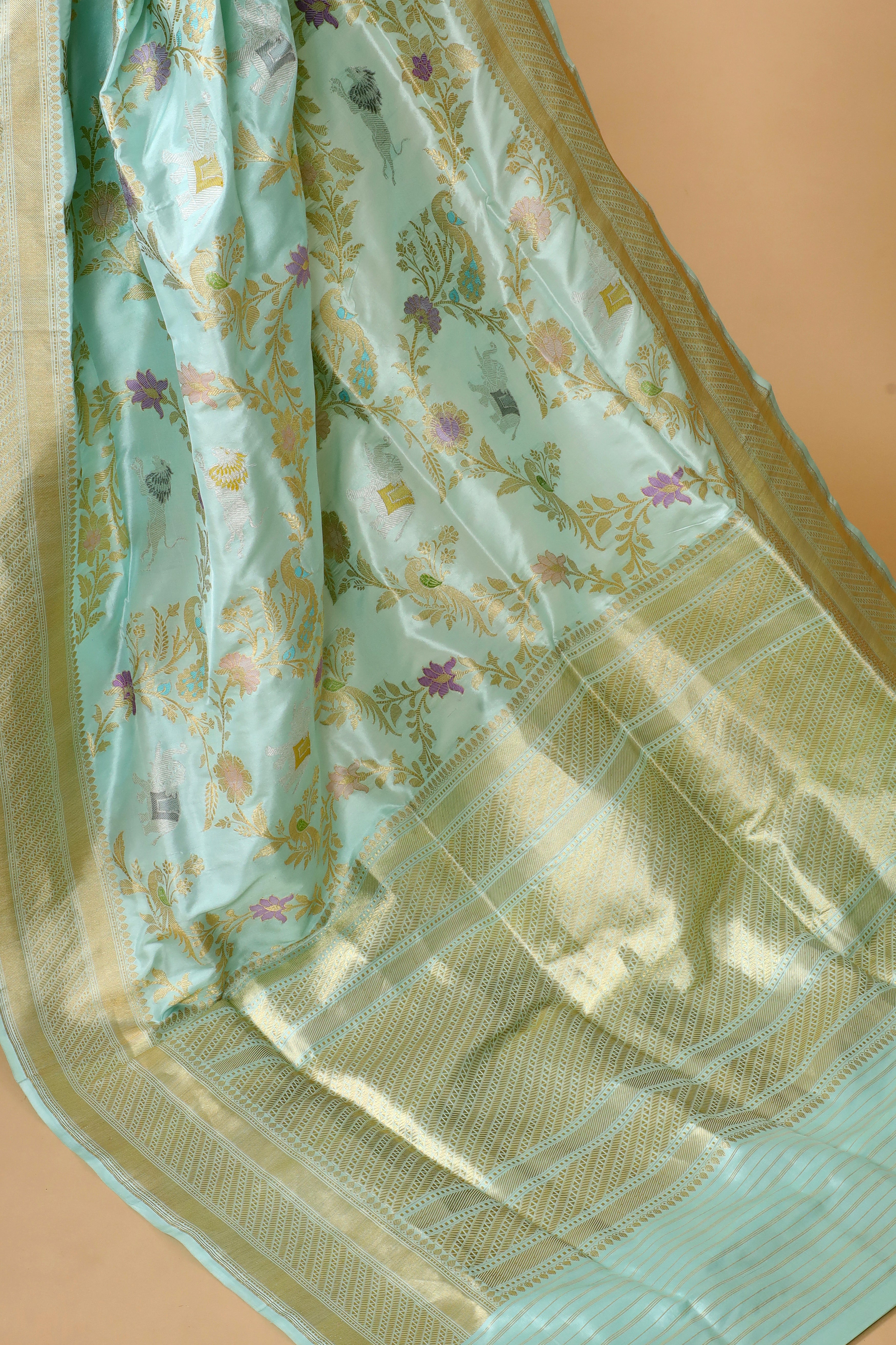 Powder Blue Shikarghah Meenakari  Handwoven Pure Banarasi Katan Silk Saree