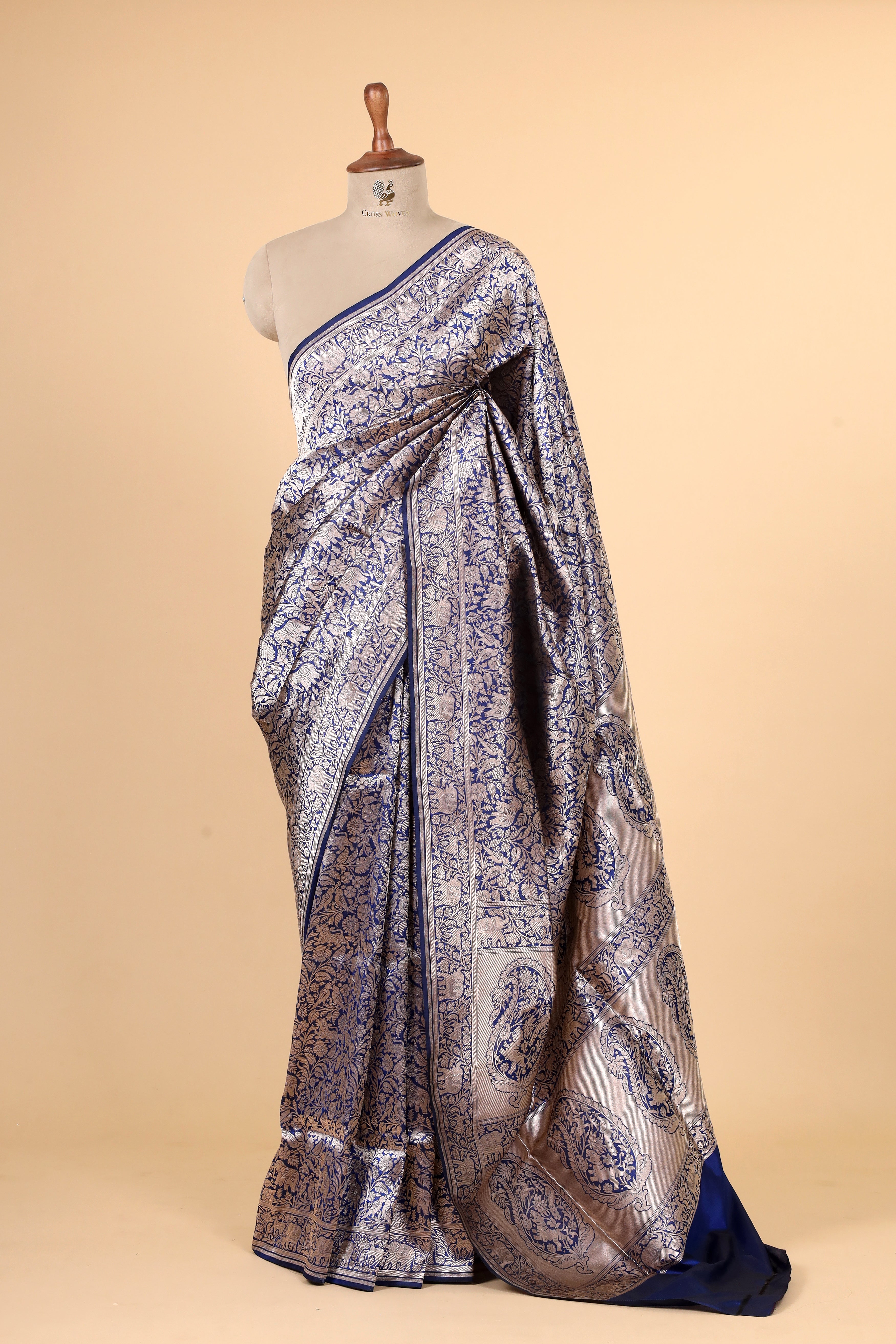 Navy Blue Shikarghah Handwoven Pure Banarasi Katan Silk Saree