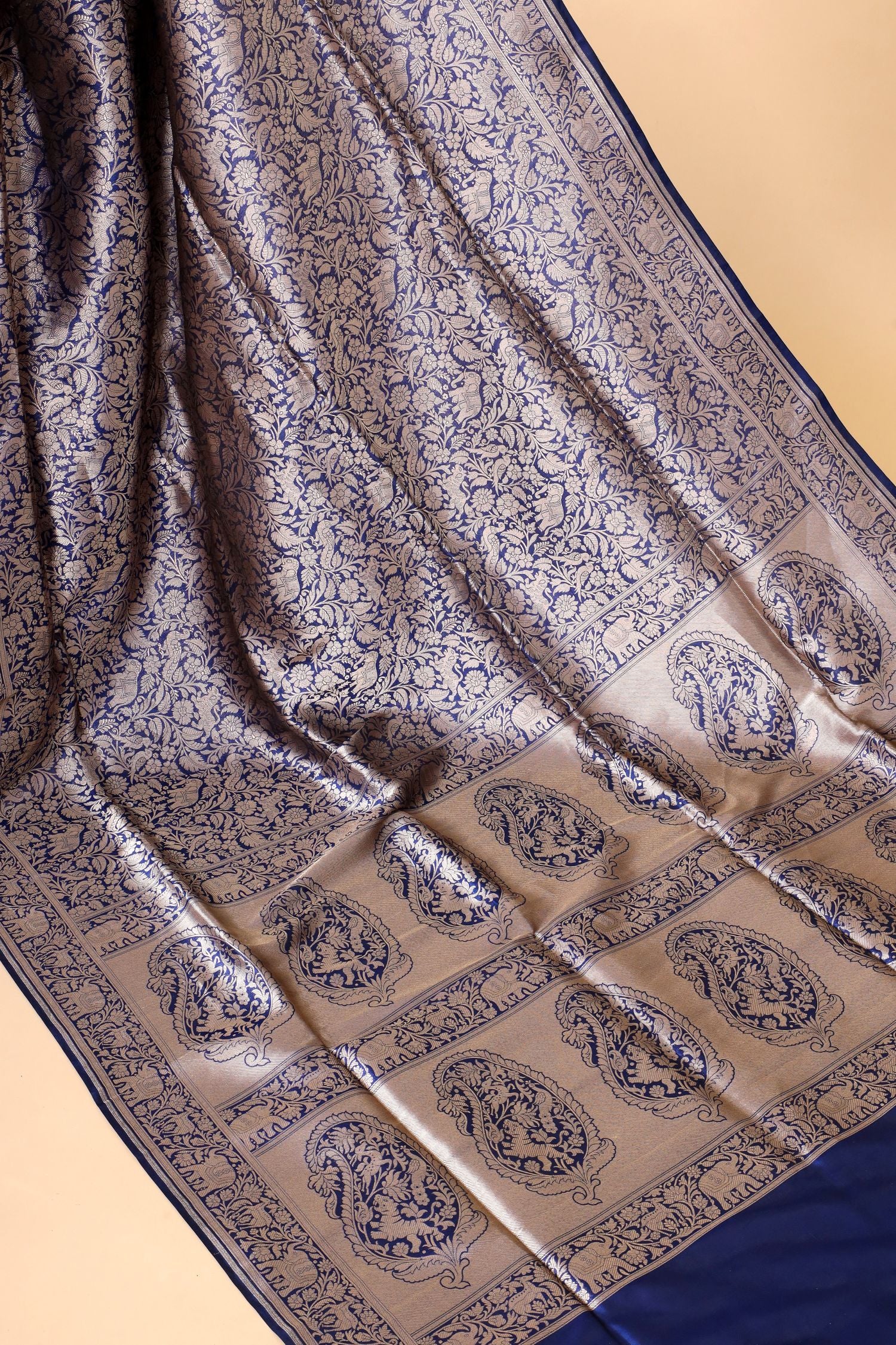 Navy Blue Shikarghah Handwoven Pure Banarasi Katan Silk Saree