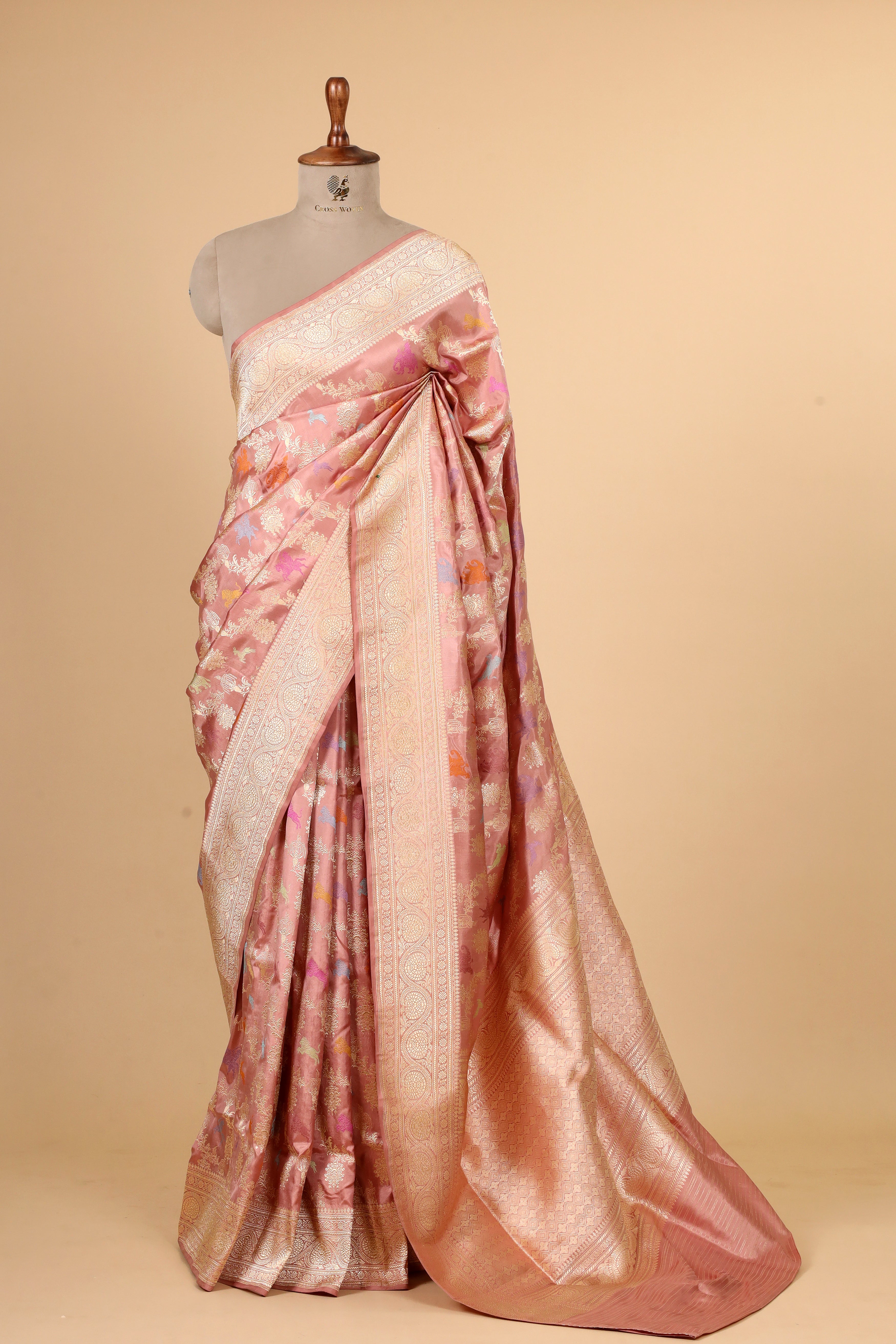 Peach Shikarghah Meenakari  Handwoven Pure Banarasi Katan Silk Saree
