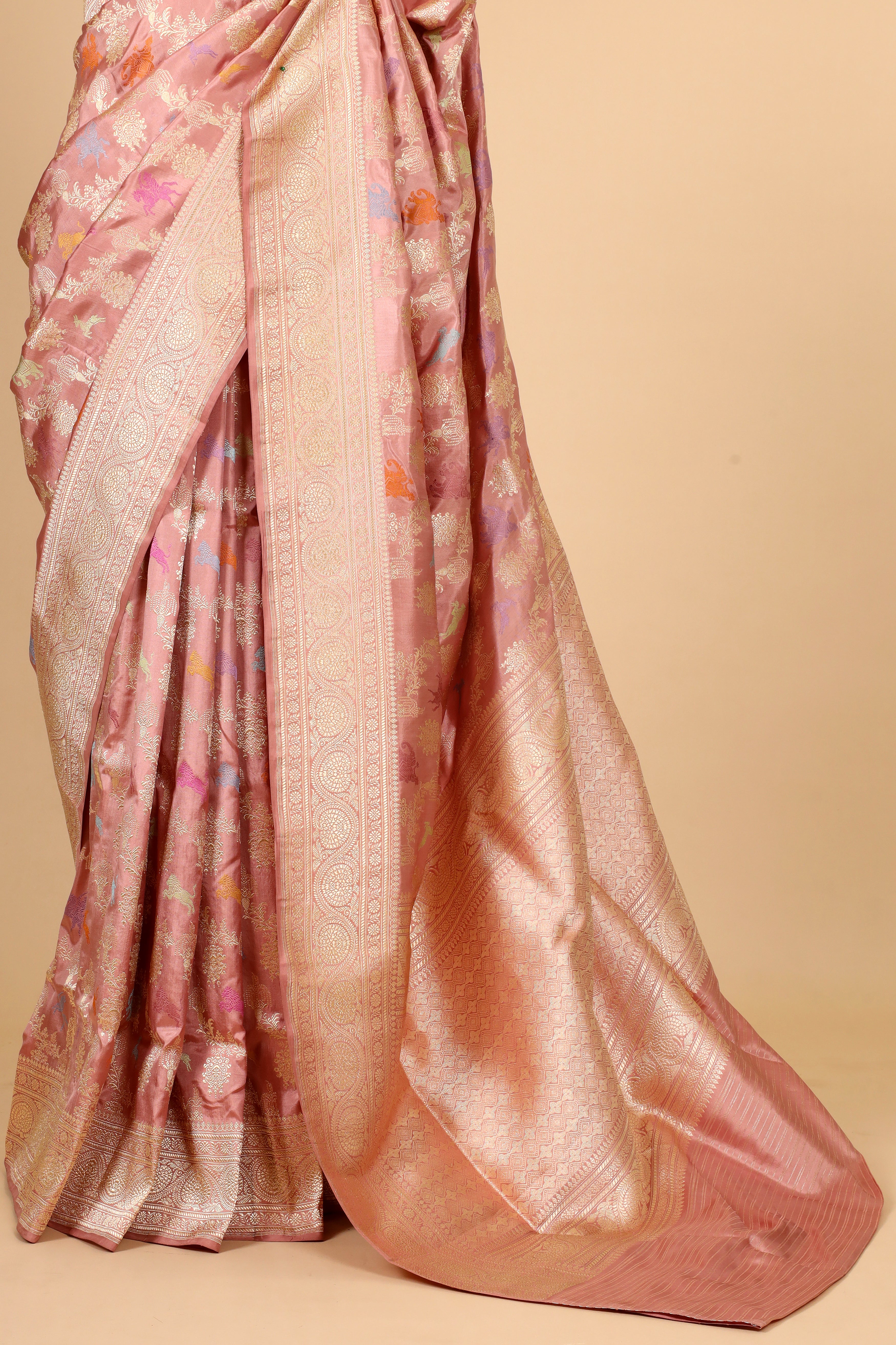 Peach Shikarghah Meenakari  Handwoven Pure Banarasi Katan Silk Saree