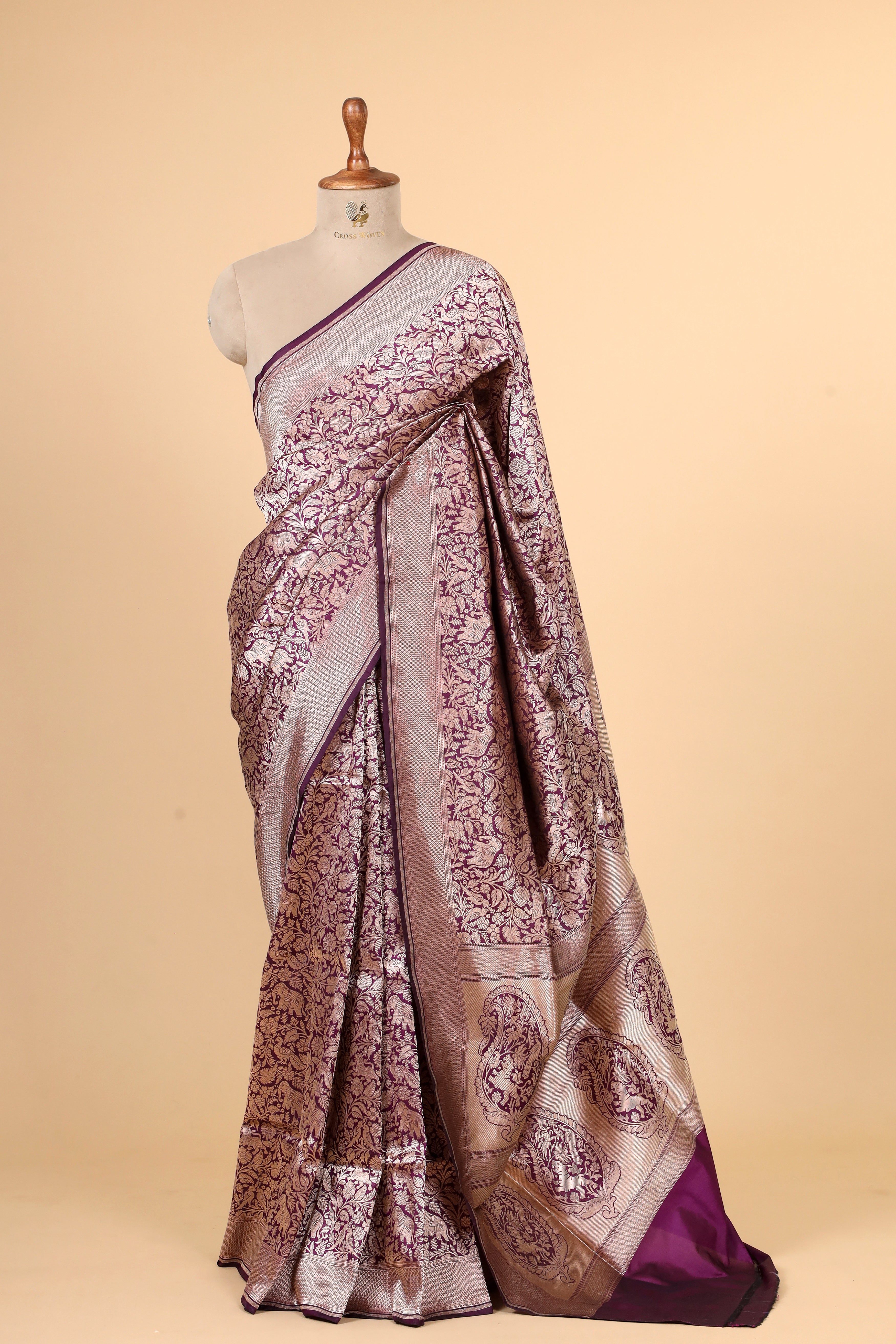 Deep Purple Shikarghah Handwoven Pure Banarasi Katan Silk Saree