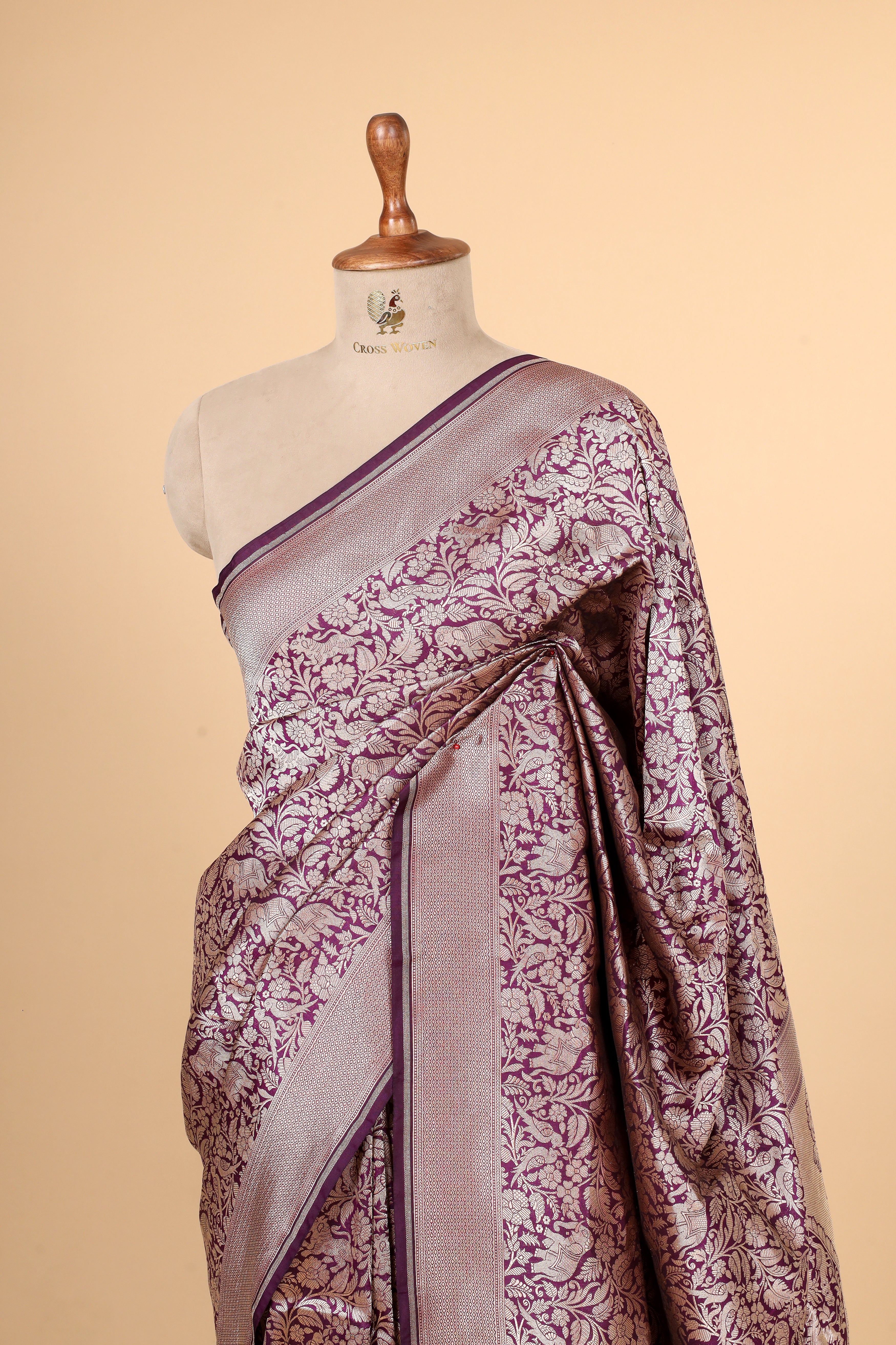 Deep Purple Shikarghah Handwoven Pure Banarasi Katan Silk Saree