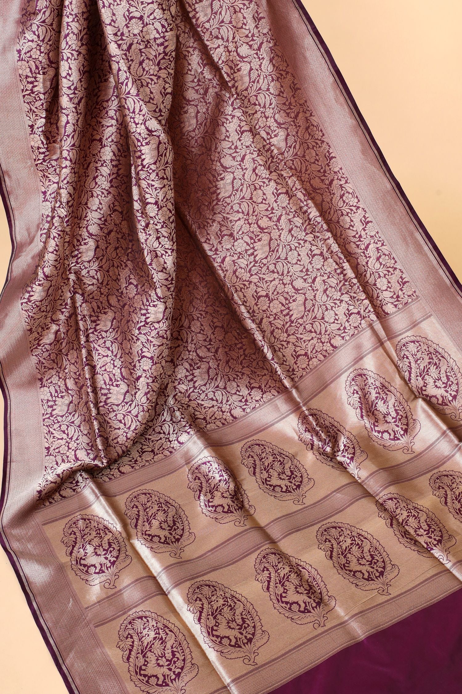 Deep Purple Shikarghah Handwoven Pure Banarasi Katan Silk Saree