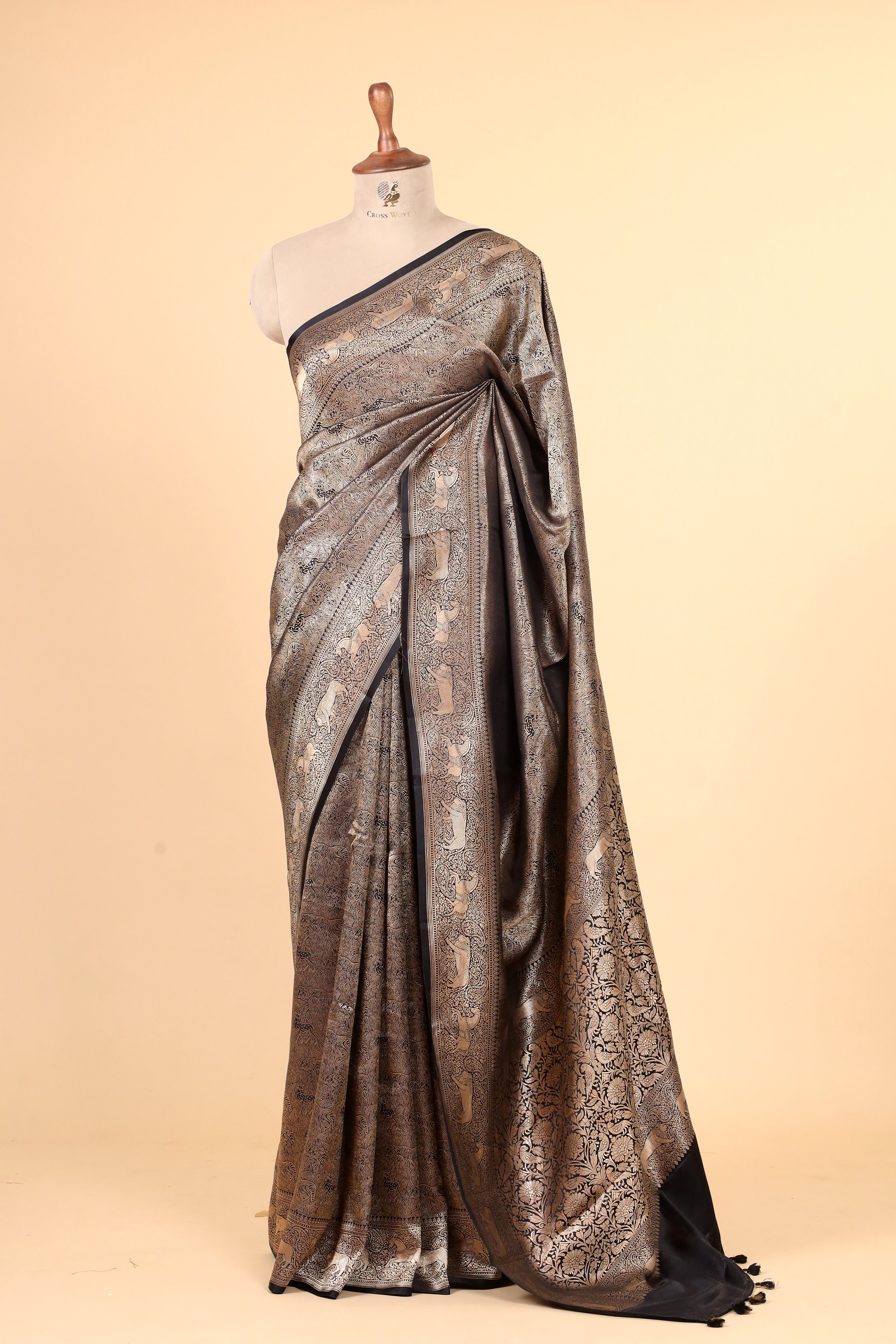 Black Mashru Silk Saree With Brocade Allover Jaal