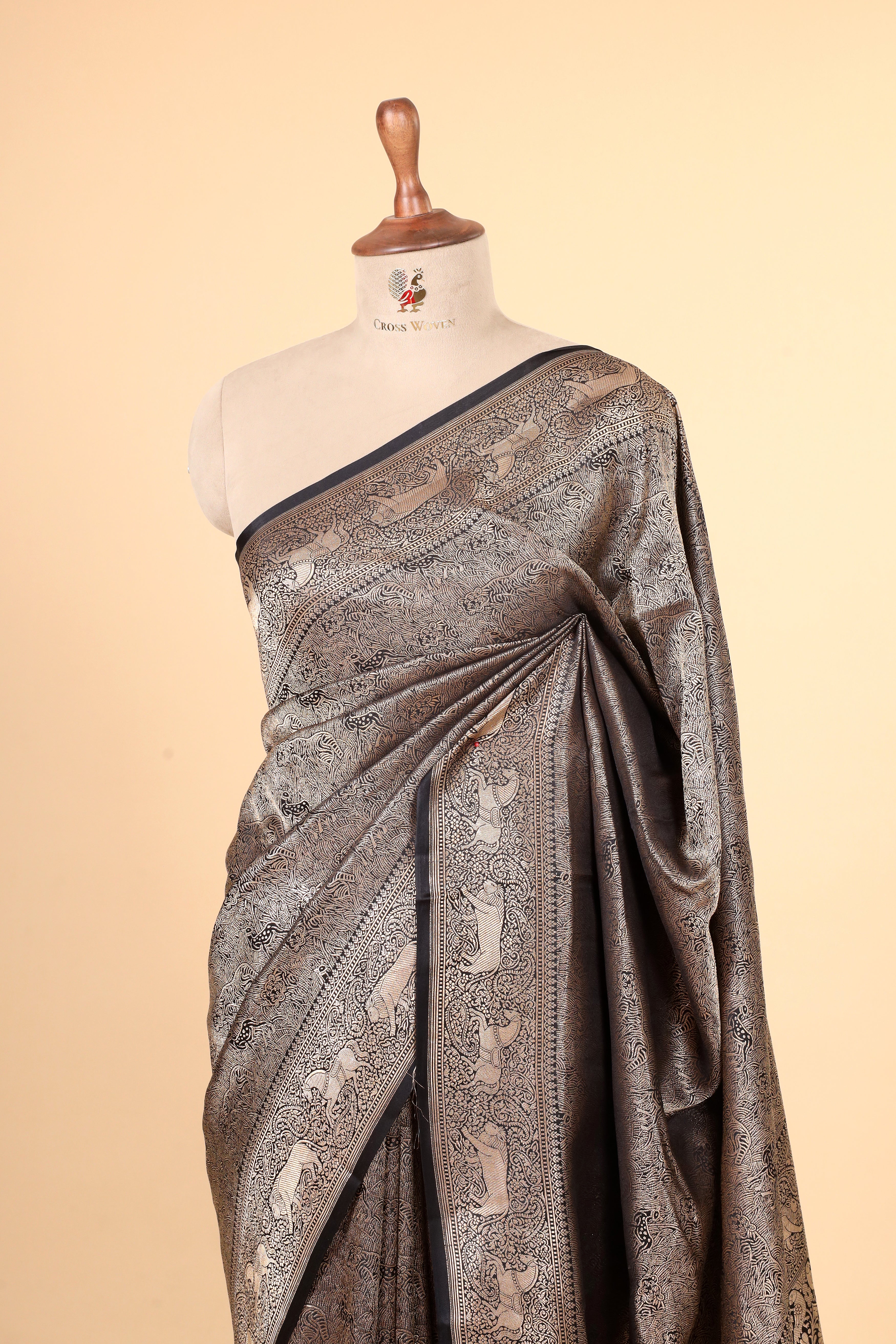 Black Mashru Silk Saree With Brocade Allover Jaal
