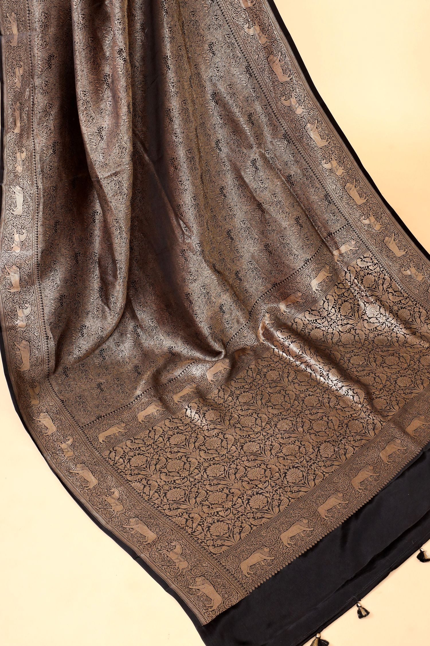 Black Mashru Silk Saree With Brocade Allover Jaal