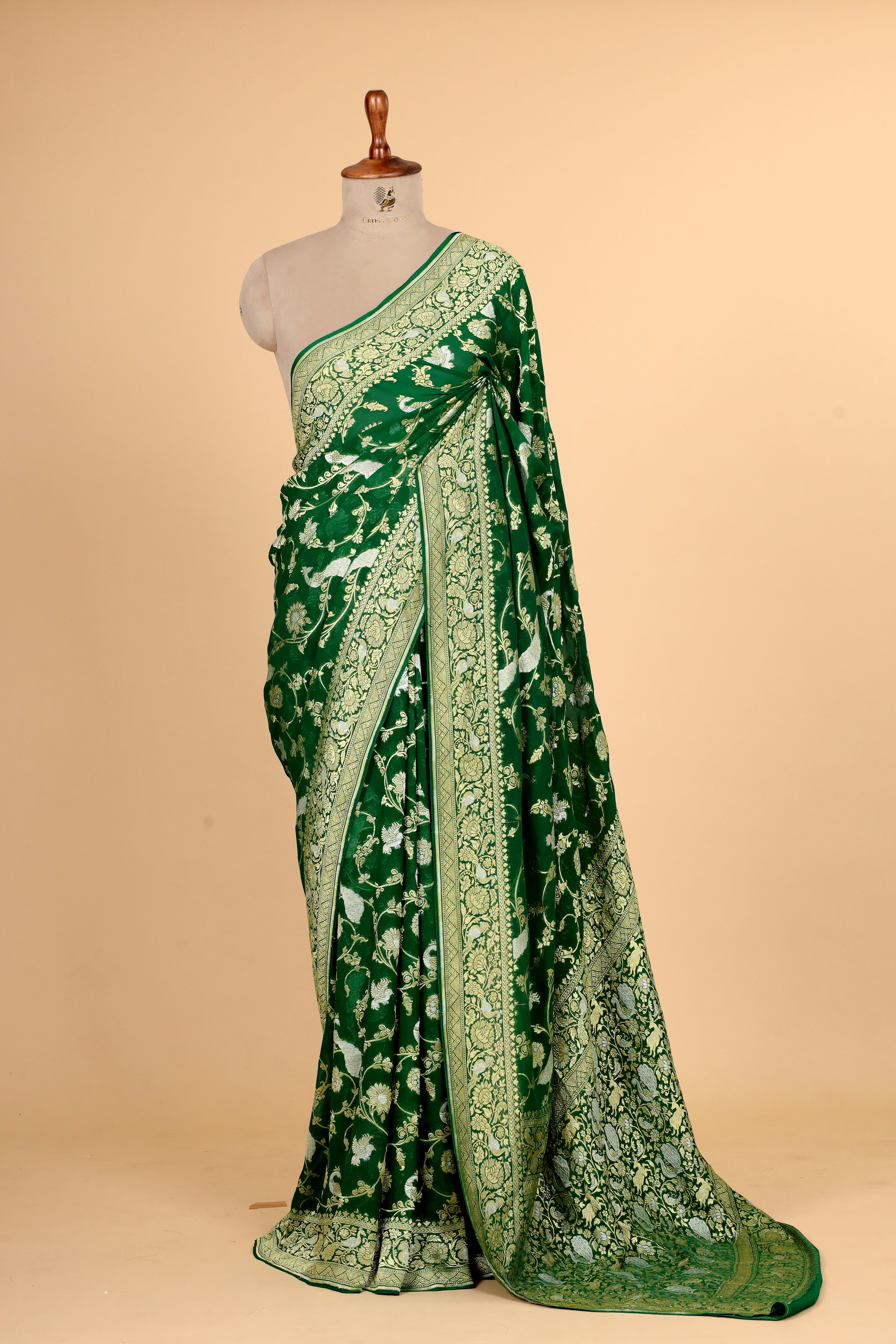 Green Georgette Khaddi Saree with Antique Zari And Shikarghah Border