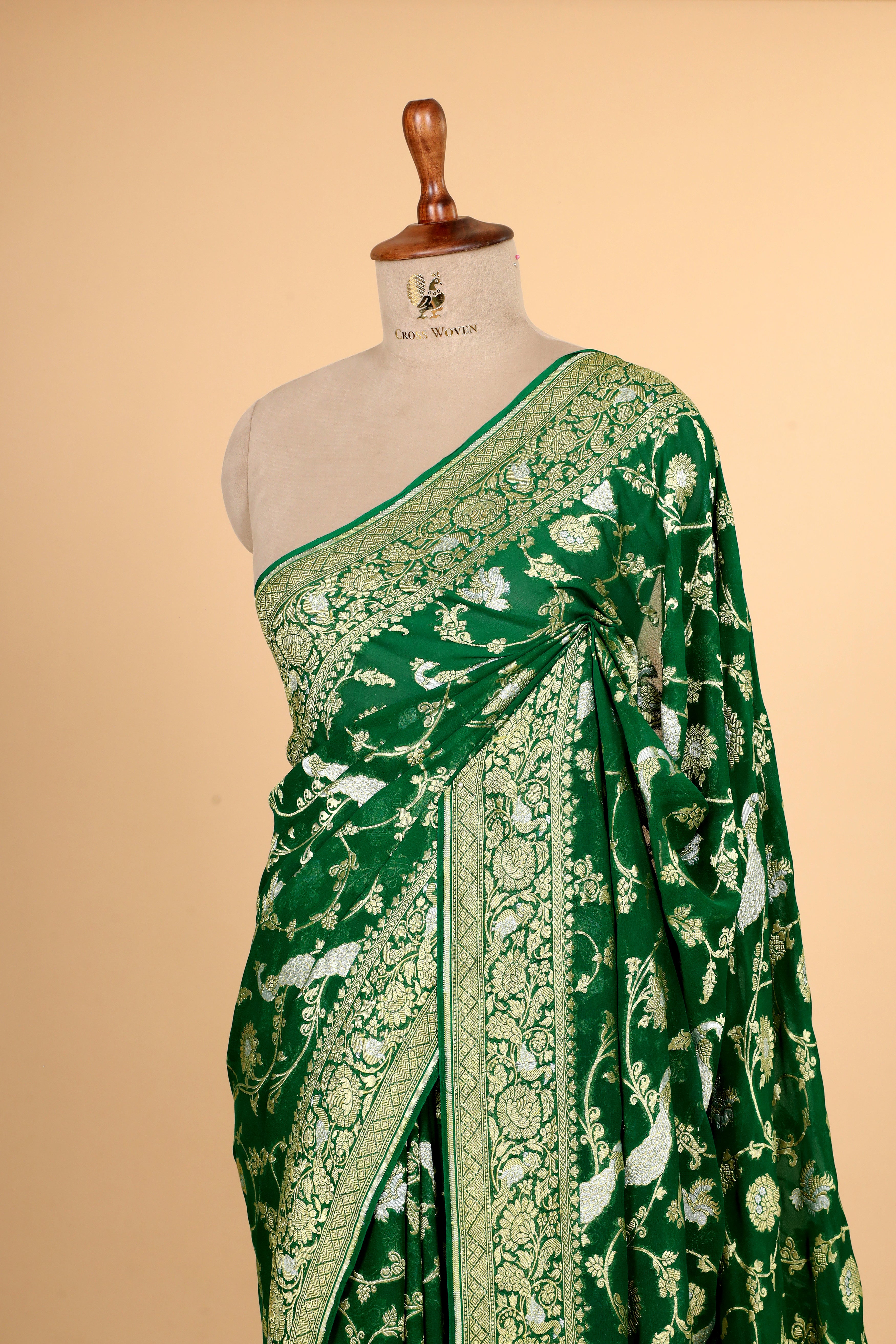 Green Georgette Khaddi Saree with Antique Zari And Shikarghah Border
